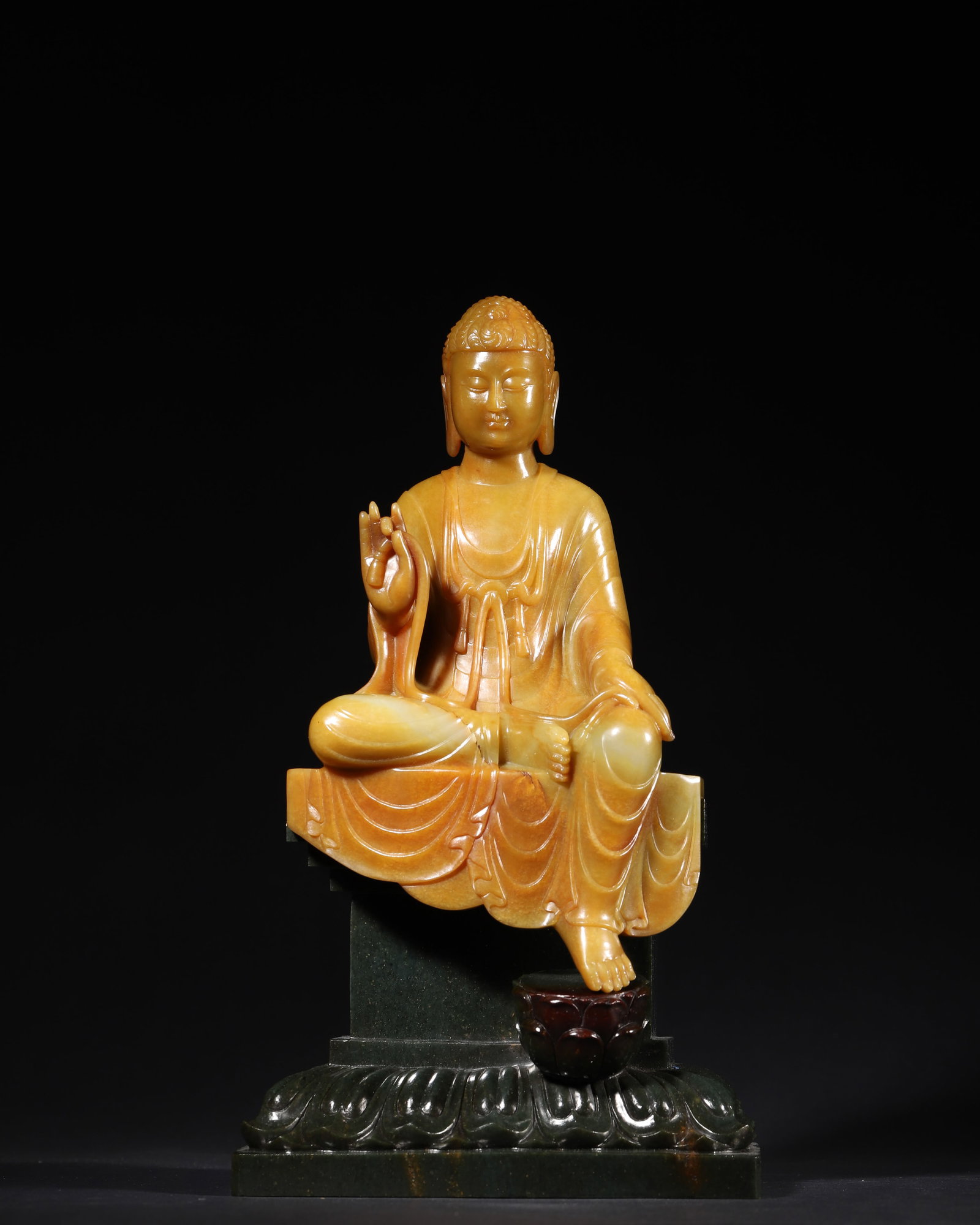 SONG DYNASTY HETIAN YELLOW JADE SAKYAMUNI BUDDHA SEATED STATUE WITH JASPER SUMERU BASE: Height: 11.81" inches (30.0 cm)This rare Song Dynasty Sakyamuni Buddha statue is a masterpiece of ancient Chinese jade carving. Carved from a whole top Hetian yellow jade, it has a serene face and smo