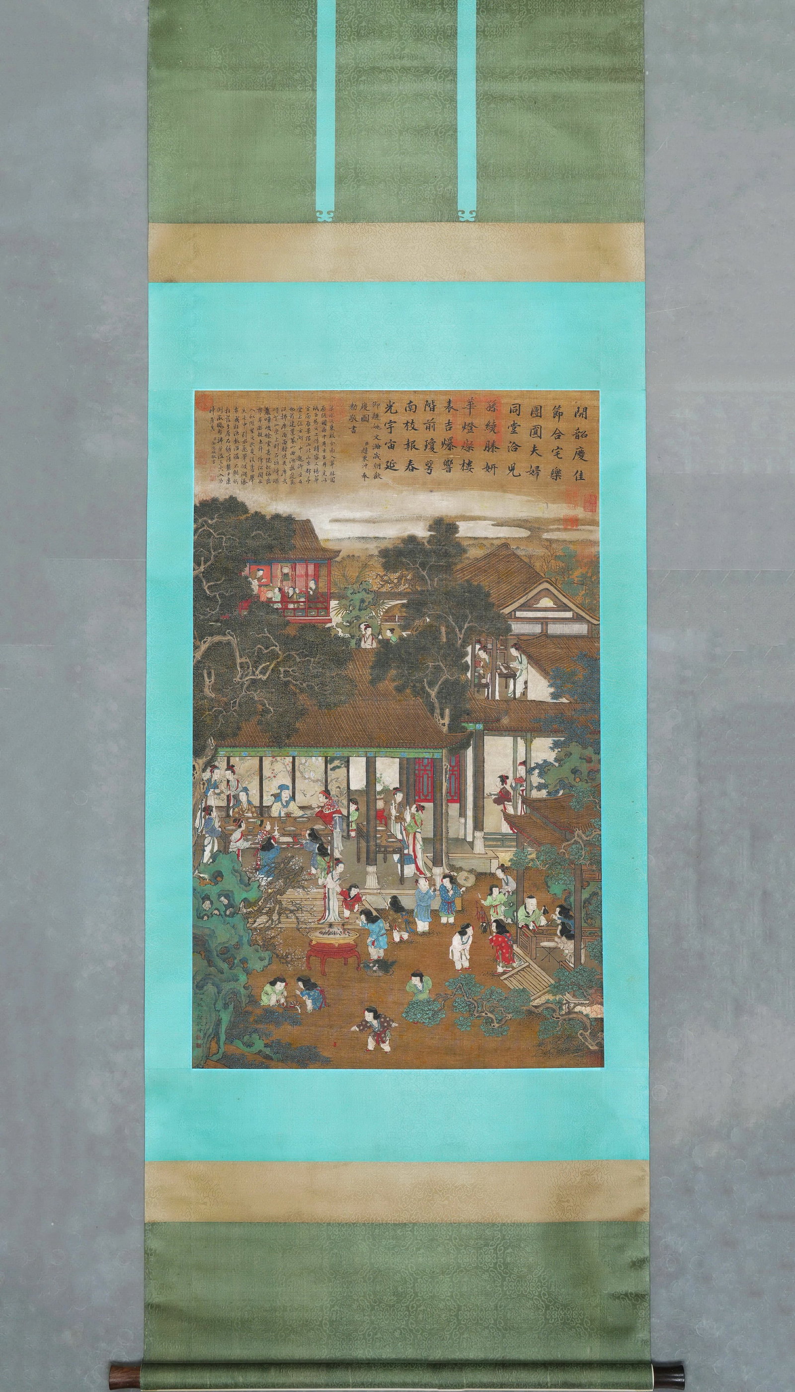 QING DYNASTY: YAO WENHAN - 'NEW YEAR CELEBRATION' - HANGING SCROLL, SILK: Heart Size: 45.67" x 26.38" inches (116 cm x 67 cm)Colophons by Jin Deying and Zhao Bingchong, elegantly mounted.