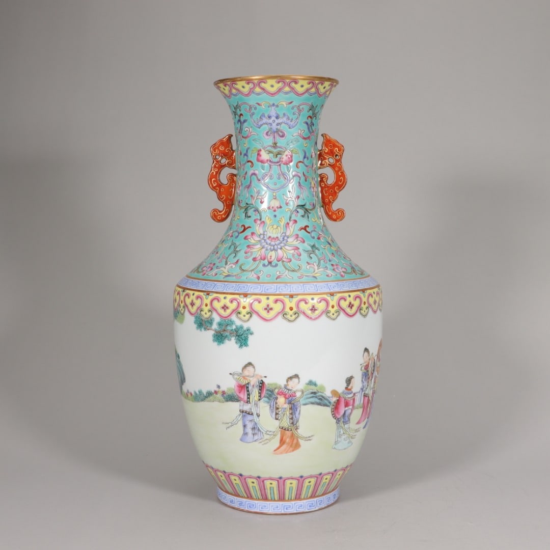 QING DYNASTY JIAQING PERIOD, FAMILLE ROSE DOUBLE-EAR VASE WITH LADY PATTERNS: H: 13.62" (H:34.6cm)A fine Jiaqing period official kiln vase, with turquoise-ground famille rose and 'ladies playing music' scene. A masterpiece of Qing Dynasty porcelain art, embodying the refined cr