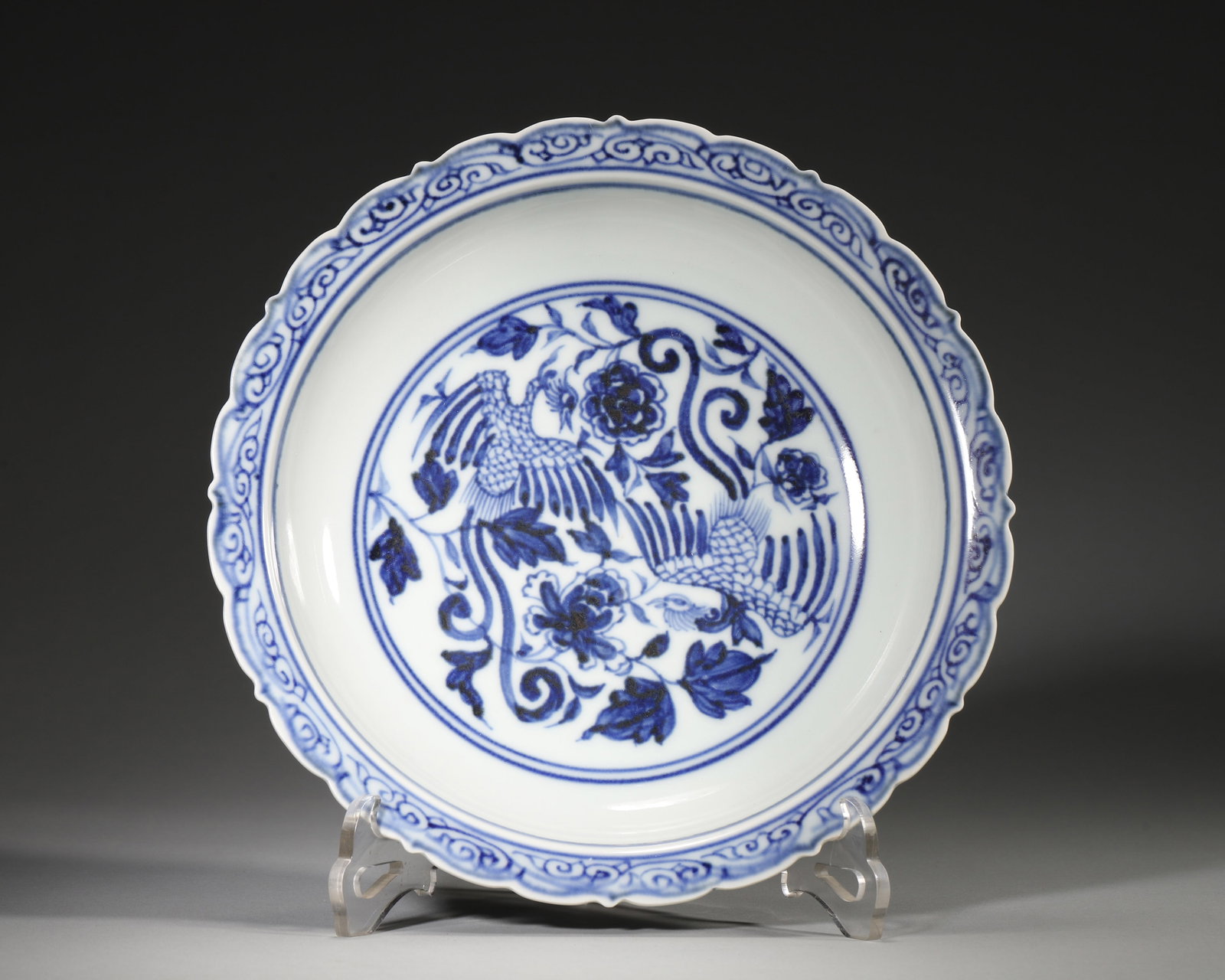 YUAN DYNASTY BLUE AND WHITE LOBED DISH WITH TWO PHOENIXES AMID FLORAL SCROLLS (1 of 6)