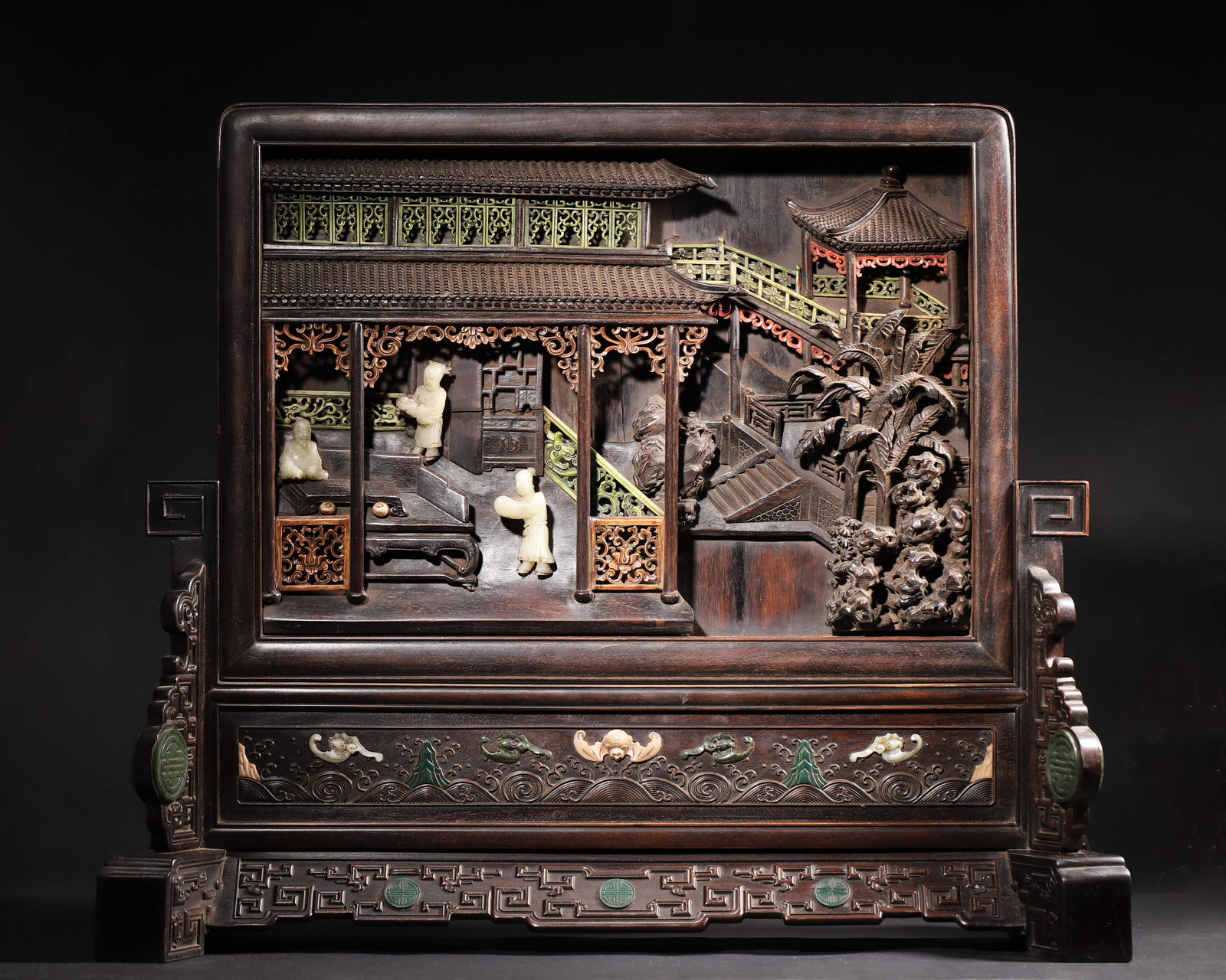 A ZITAN WOOD TABLE SCREEN INLAID WITH GEMSTONES AND IMPERIAL POEM, QIANLONG PERIOD, QING DYNASTY (1 of 10)