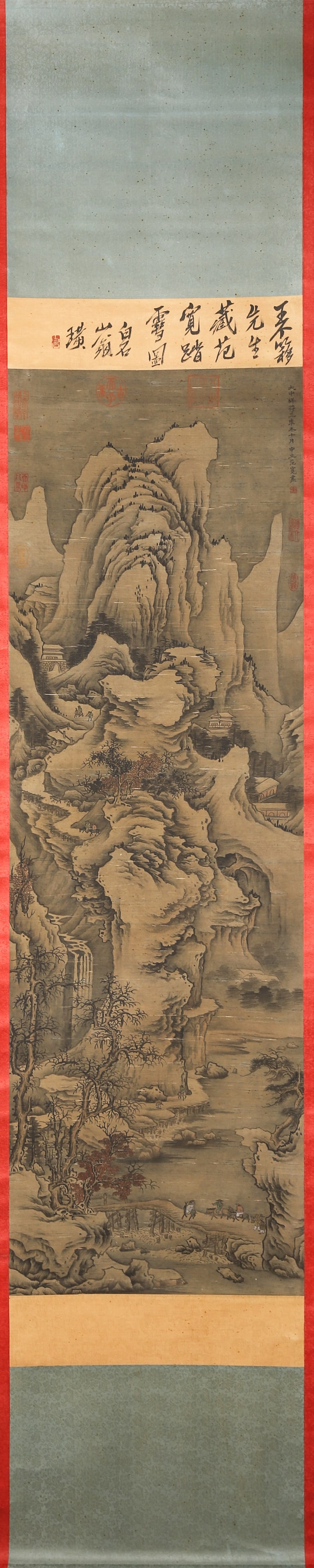 NORTHERN SONG DYNASTY, 1010: FAN KUAN, "TRAVELING IN SNOW" HANGING SCROLL (WITH QI BAISHI'S: Silk Texture, 53.94 inches x 17.32 inches (137.0 cm x 44.0 cm)A masterpiece by Fan Kuan, painted in 1010, depicting majestic snow-capped mountains with powerful brushwork, later inscribed by Qi Baishi