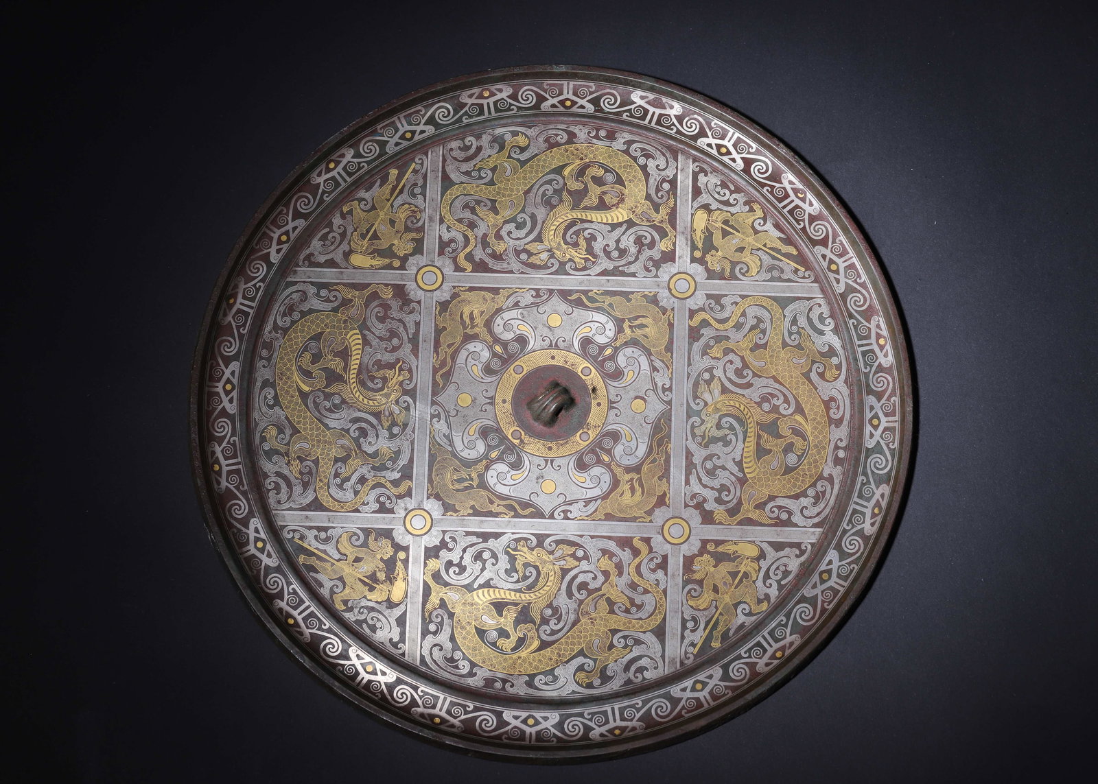 WARRING STATES PERIOD BRONZE MIRROR WITH GOLD AND SILVER INLAY, TURQUOISE INLAYS, AND MOTIFS OF (1 of 10)