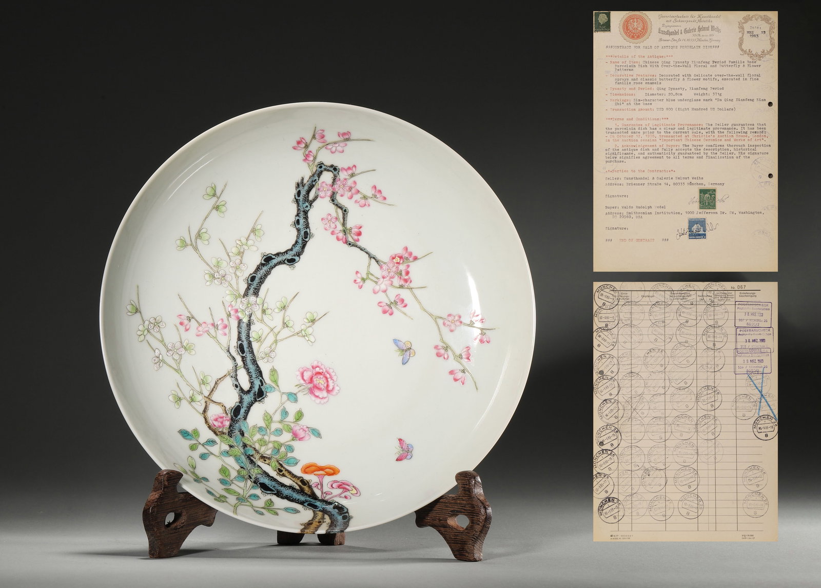 A FINE FAMILLE ROSE 'FLOWERS AND BUTTERFLIES' DISH, QING DYNASTY, XIANFENG MARK AND PERIOD: 8.19" inches (20.8 cm) (Main) | Weight: 0.82 lbs (371.0 g)CONTRACT FOR SALE OF ANTIQUE PORCELAIN DISHDate: MAR 13, 1987Details of the Antique:Name of Item: Chinese Qing Dynasty Xianfeng Period