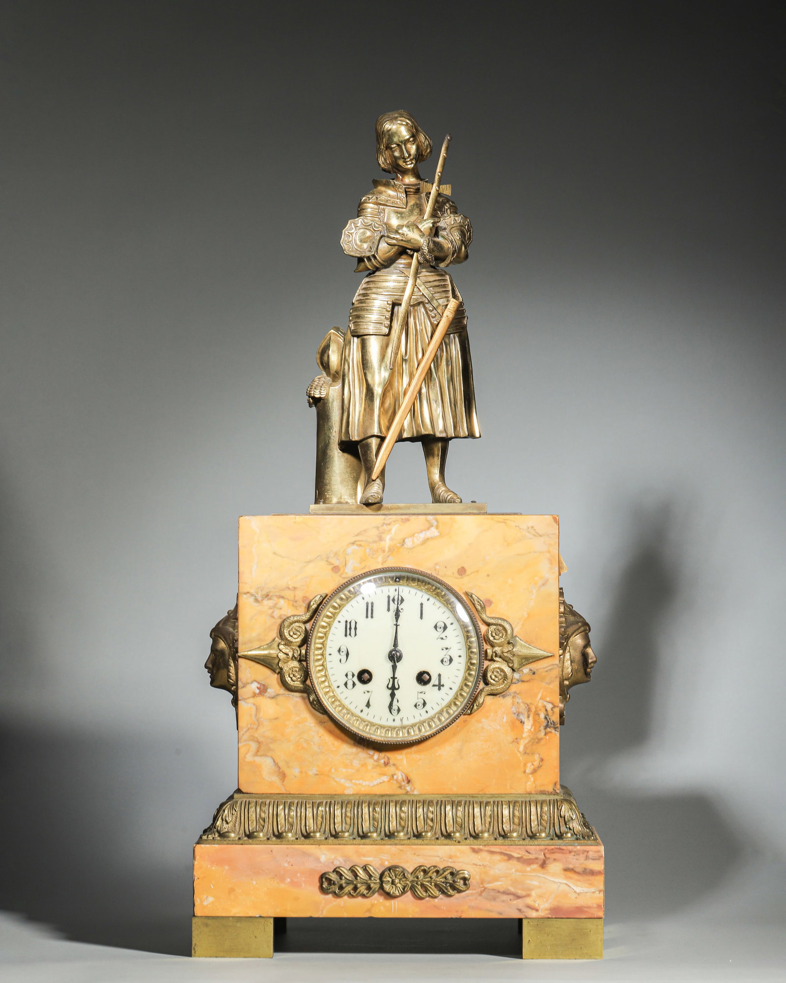 19th Century French Empire Period Marble & Gilt Bronze Mantel Clock with Joan of Arc: Length 25.5cm, Width 15cm, Height 54cm, Weight 14978g (Length 10.04", Width 5.91", Height 21.26", Weight 33.02lb)Dating from the French Napoleonic era, this antique mantel clock features a seven-day p