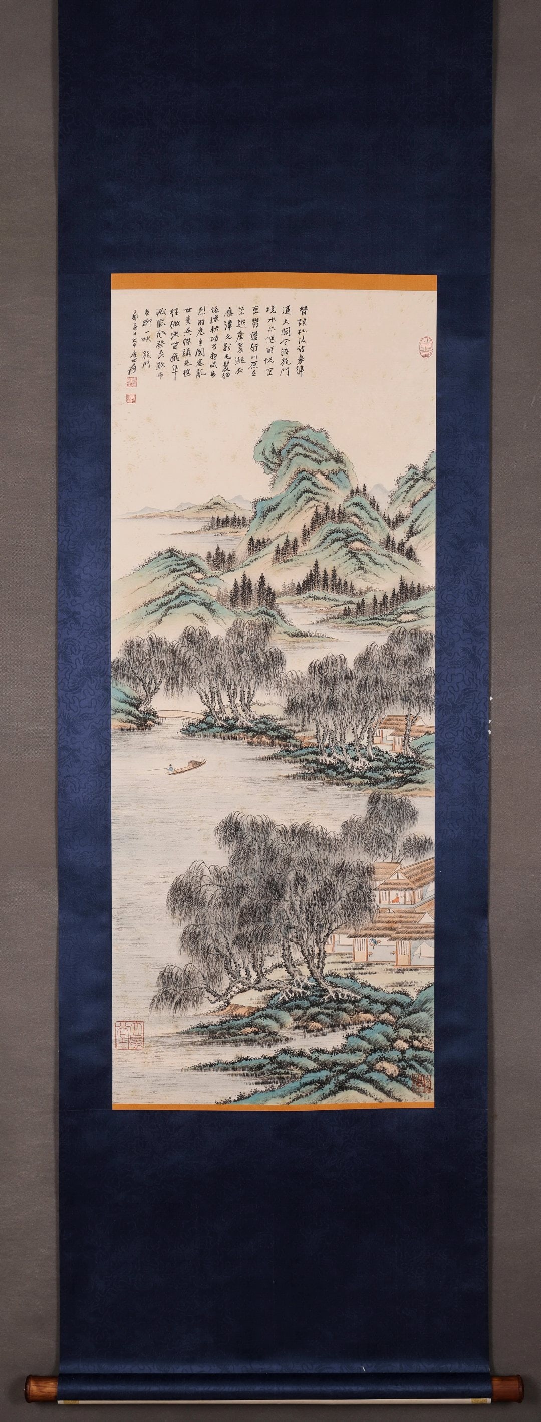 MODERN PERIOD: ZHANG DAQIAN - 'TEN THOUSAND WEEPING WILLOWS' - HANGING SCROLL, PAPER: Heart Size: 45.28" x 18.11" inches (115 cm x 46 cm)Zhang Daqian, Ten Thousand Weeping Willows, ink and color on paper, hanging scroll. Painted with willow-lined river villages, using green and blue co