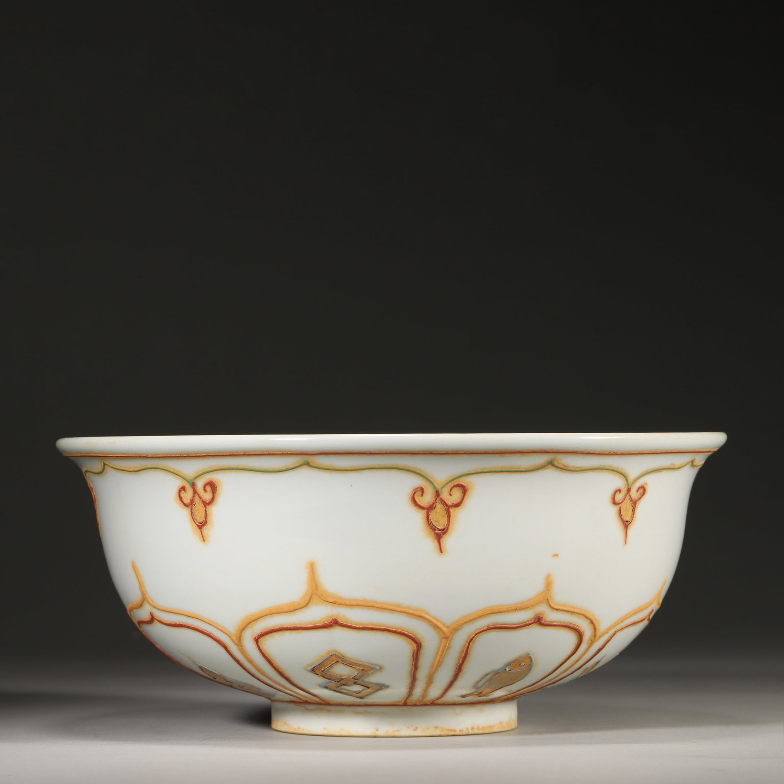 YUAN DYNASTY (13TH–14TH C.) WHITE-GLAZED BOWL WITH GILT AND POLYCHROME ENAMEL DECORATIONS (1 of 6)