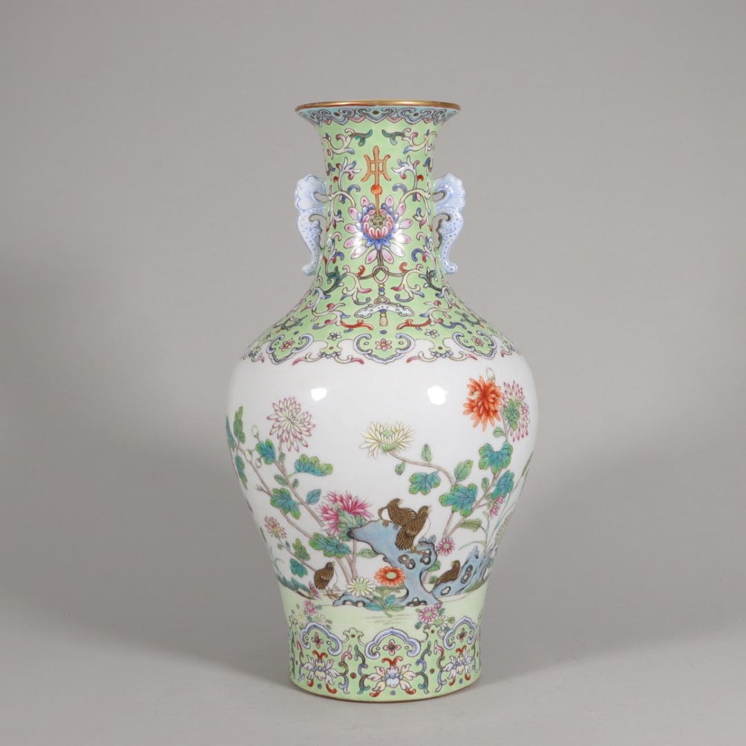 QING DYNASTY QIANLONG PERIOD, FAMILLE ROSE DOUBLE-EAR ZUN WITH "PEACE AND PROSPERITY" (1 of 9)