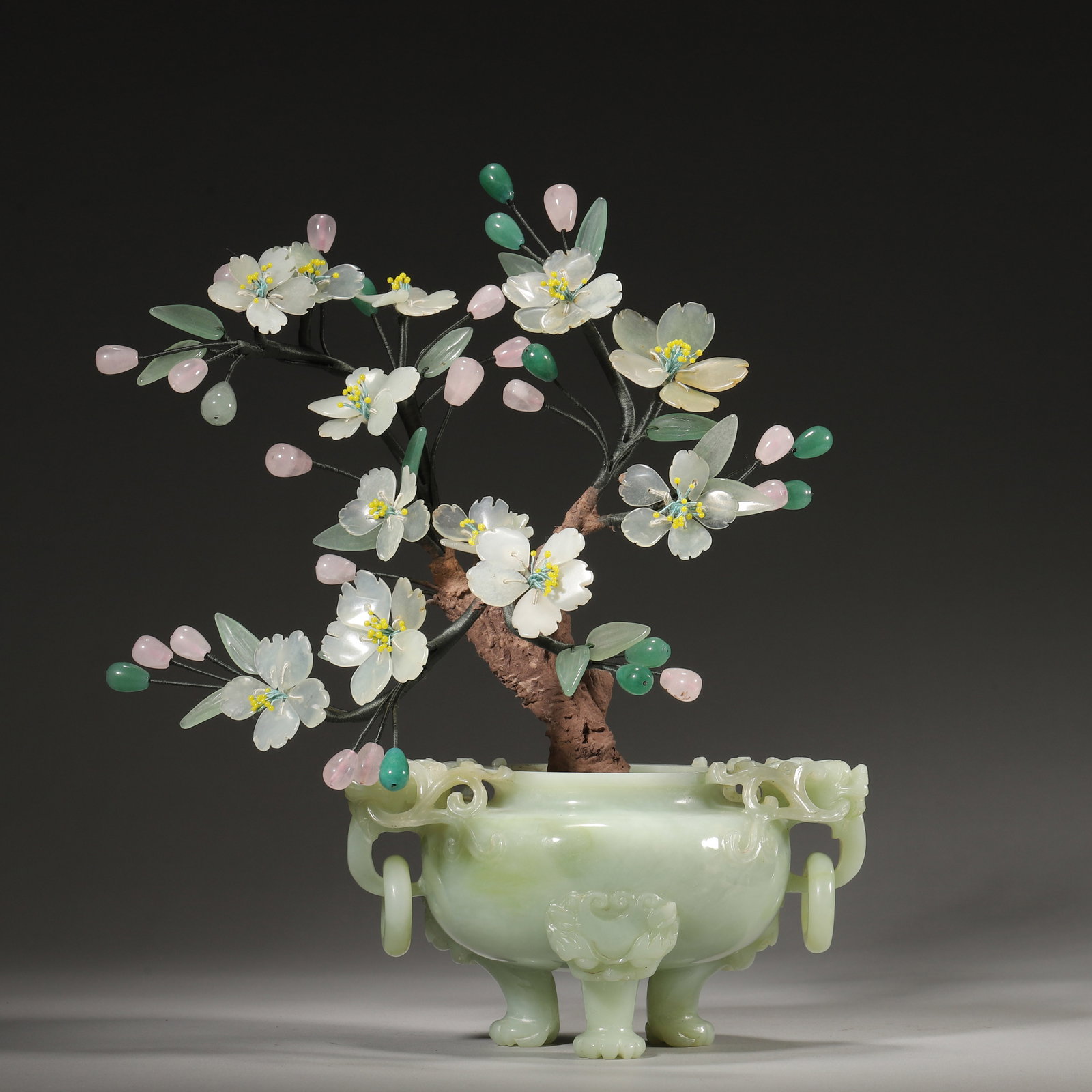A Hardstone Flower Bonsai in a Serpentine Censer, Qing Dynasty (1 of 6)