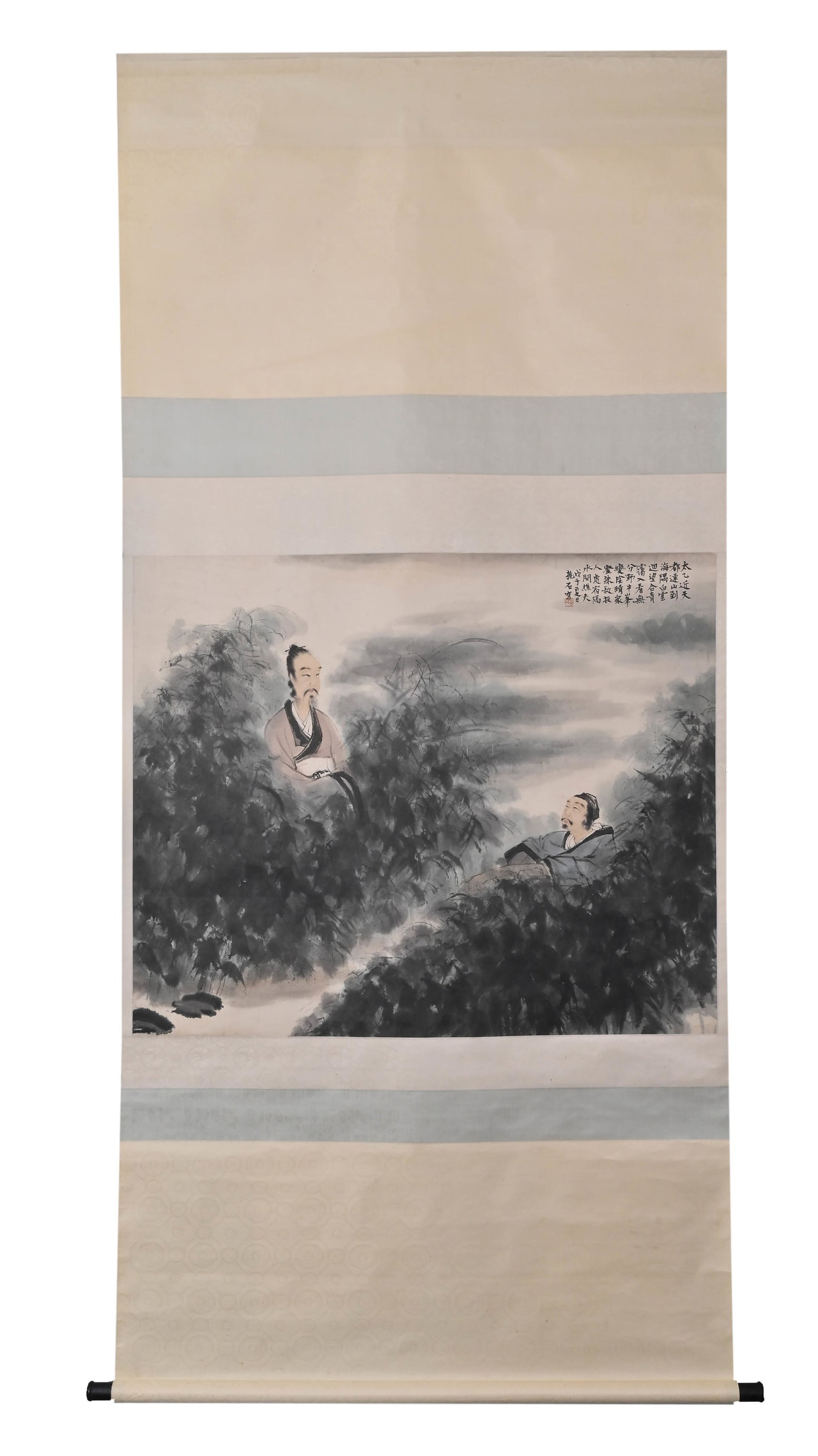 Chinese Ink and Color on a Paper Hanging Scroll - Literati in a Bamboo Forest, by FU BAOSHI: 42.91in x 35.04in (109.0cm x 89.0cm). By Fu Baoshi (Modern Period). A fine literati figure hanging scroll on paper, executed in the "Baoshi crack" texture, with fluent ink wash and poetic atmosphere, 