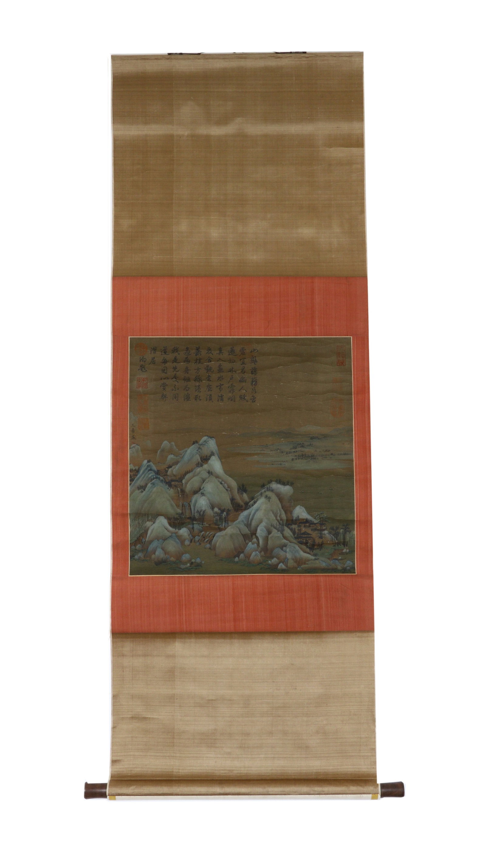 Chinese Ink and Color on a Silk Hanging Scroll of a BLUE-GREEN LANDSCAPE, attributed to WANG XIMENG,: 20.47in x 19.29in (52.0cm x 49.0cm). Attributed to Wang Ximeng, Yuan Dynasty. A magnificent blue-green landscape hanging scroll on silk, with imperial inscriptions and seals, a museum-grade masterpiec