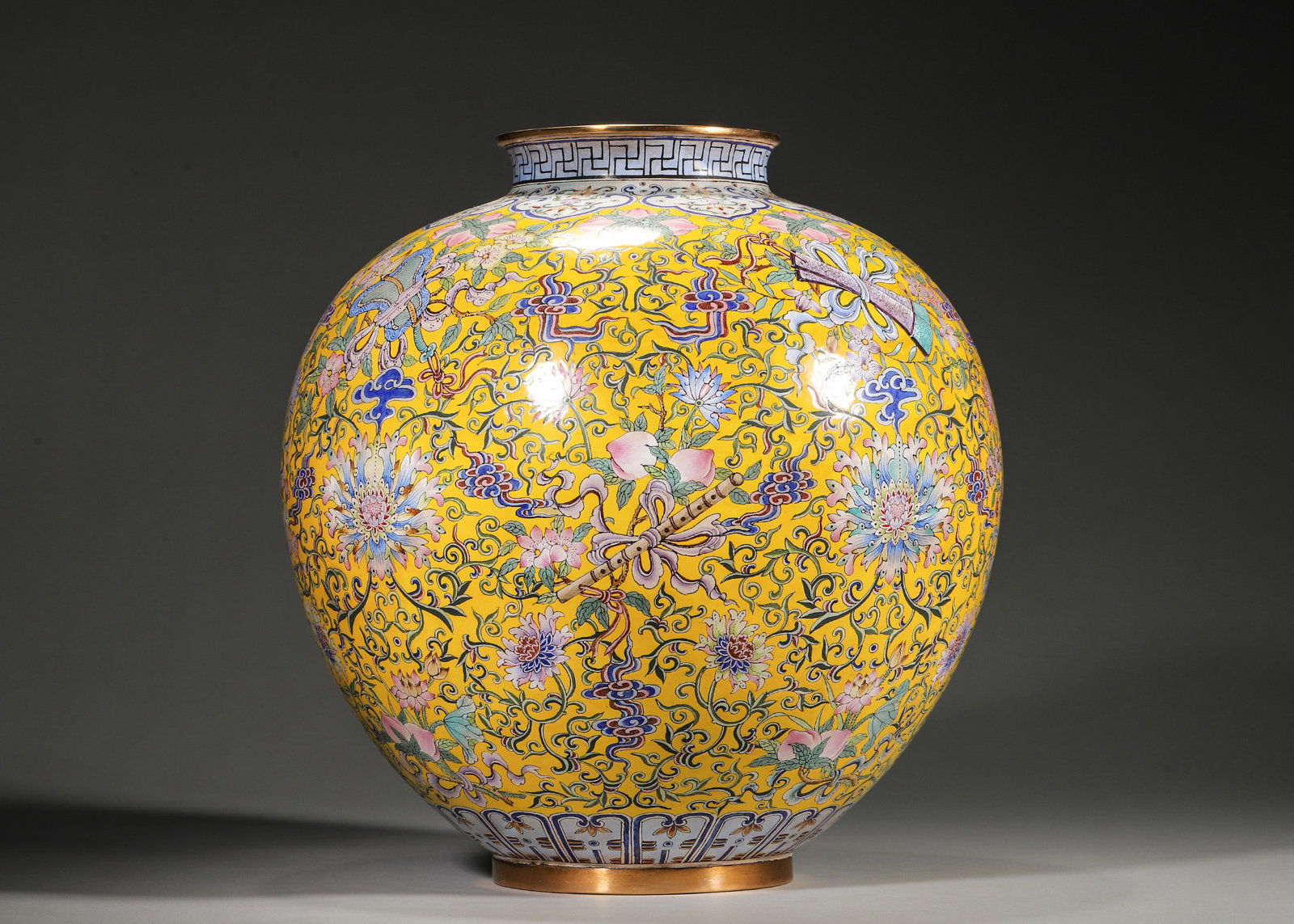 QIANLONG PERIOD, QING DYNASTY COPPER-BODIED ENAMEL POMEGRANATE VASE WITH EIGHT IMMORTALS AND FLORAL (1 of 8)