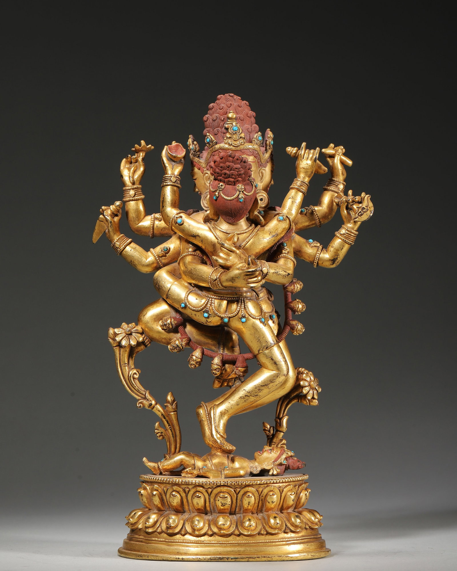 18TH–19TH CENTURY GILT-COPPER INLAID TURQUOISE STATUE OF CHAKRASAMVARA IN YAB-YUM (1 of 9)