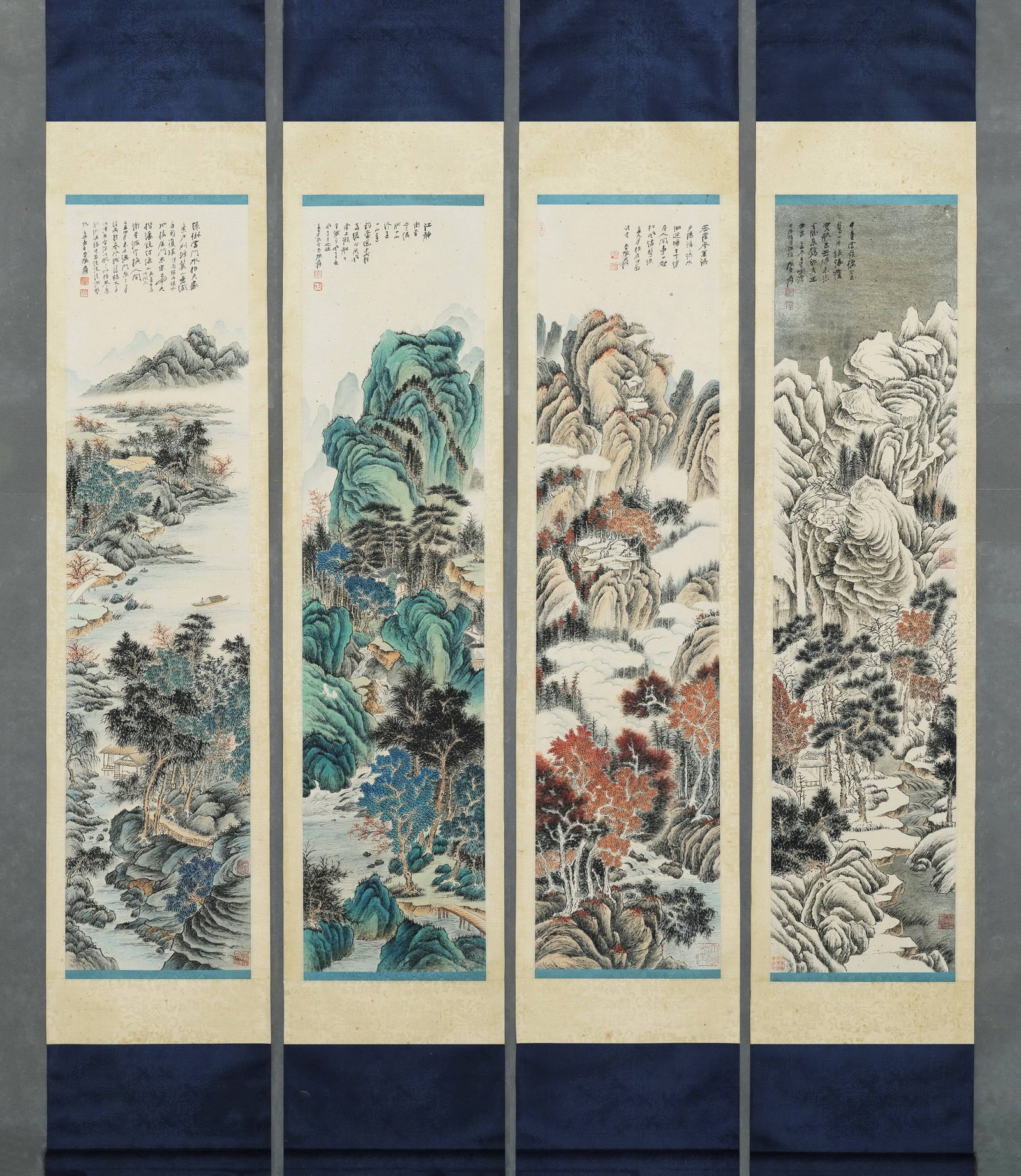 ZHANG DAQIAN, FOUR SEASONS LANDSCAPE, MODERN CHINA, INK AND COLOR ON PAPER, FOUR HANGING SCROLLS: Image size: 141 x 34 cm x 4 (55.51" x 13.39" x 4)Zhang Daqian, the greatest modern Chinese painter. This set of four hanging scrolls depicts spring, summer, autumn and winter landscapes in ink and col