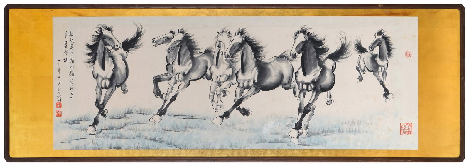 GALLOPING HORSES, INK WASH PAINTING BY XU BEIHONG, 1947, FRAMED: 43.31 x 15.35 in (110 x 39 cm)A magnificent 1947 ink work by Xu Beihong. Seven powerful horses charge dynamically, capturing vitality and spirit. Inscribed, sealed, and in original frame, a signature 