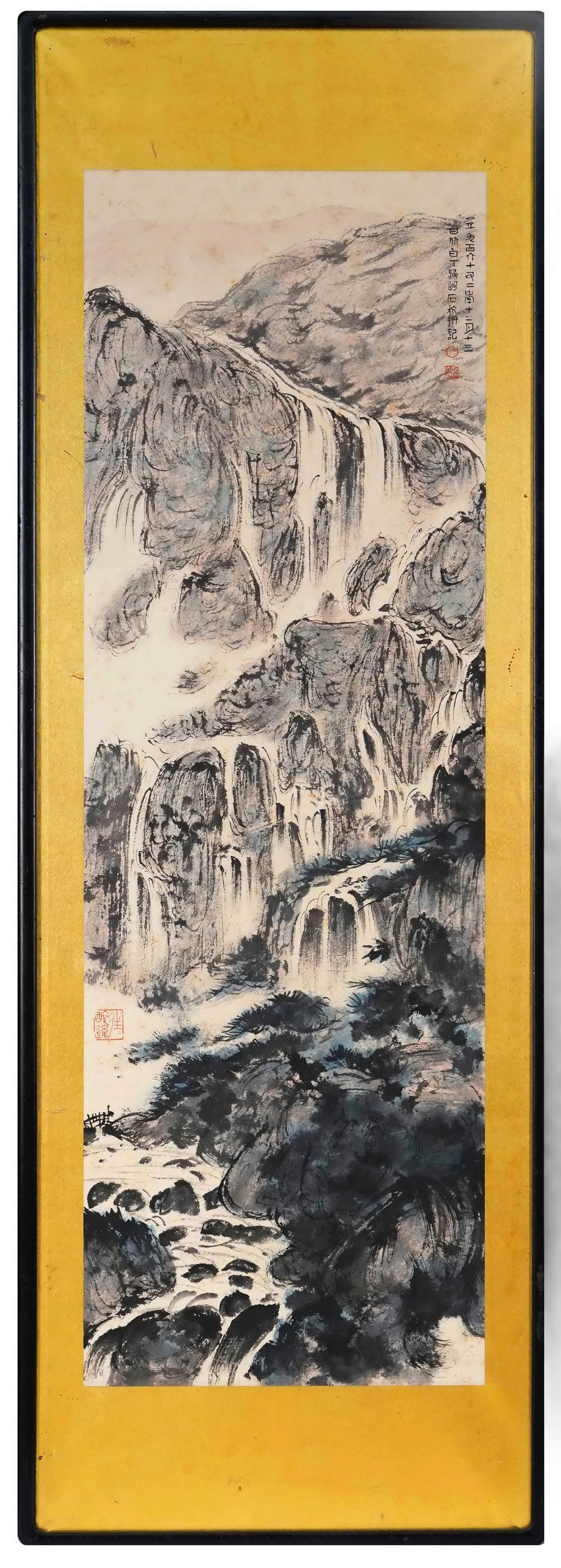 WATERFALL LANDSCAPE BY FU BAOSHI, 1966 (MODERN PERIOD): 39.76 x 12.99 in (101 x 33 cm)A masterpiece by Fu Baoshi (1966), executed in his iconic "Baoshi Cun" technique. Depicts dynamic waterfalls and mountains, with inscriptions and seals. A pinnacle of his