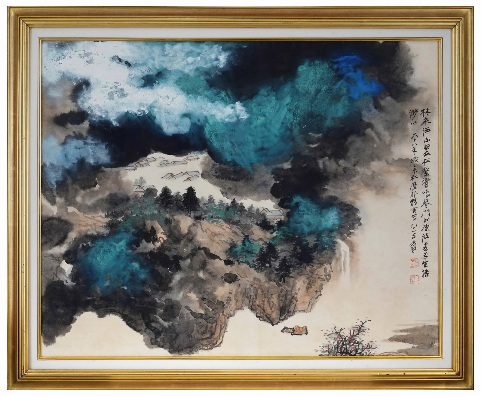 ZHANG DAQIAN (1899-1983) PINE GULLY AND MISTY WAVES, SPLASHED-COLOR LANDSCAPE, 1979: 35.43 x 27.95 in (90 x 71 cm)A superb late splashed-color landscape by Zhang Daqian, painted in 1979 at age 81. Vibrant turquoise and deep ink depict misty mountains, cascading waterfalls, and a tranq