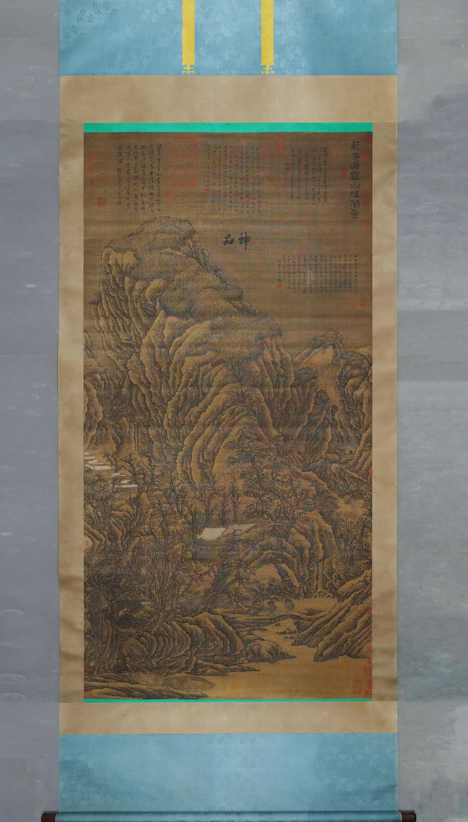 FAN KUAN, SNOWY MOUNTAIN AND PAVILION, NORTHERN SONG DYNASTY, INK ON SILK, HANGING SCROLL: Image size: 202 x 105 cm (79.53" x 41.34")Fan Kuan, the greatest Northern Song landscape painter. This authentic hanging scroll depicts snowy mountains in bold ink on antique silk, with inscriptions a
