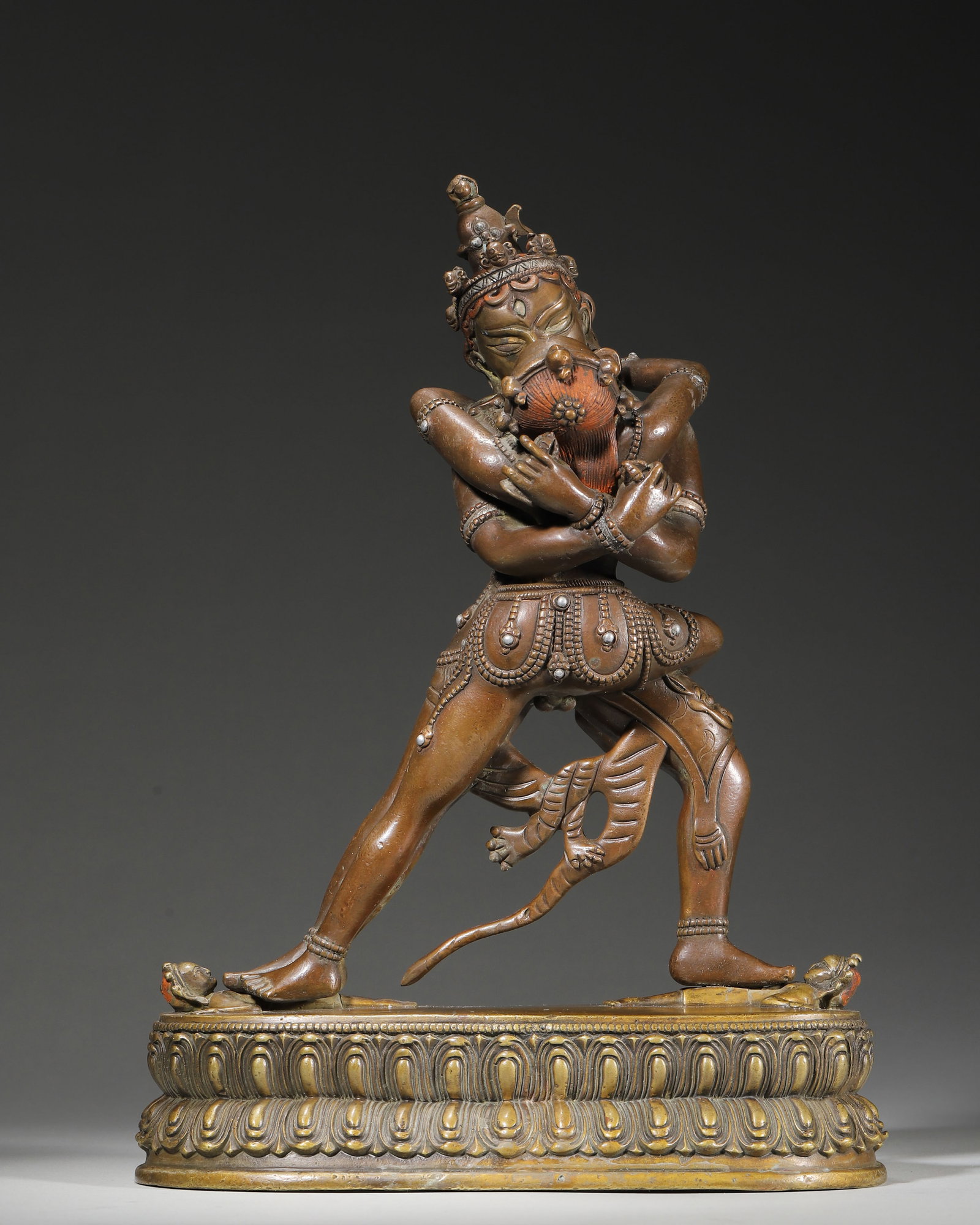 18TH–19TH CENTURY ALLOY COPPER INLAID SILVER STATUE OF VAJRAVARAHI IN YAB-YUM: 8.66" x 4.33" x 12.2" (22cm x 11cm x 31cm) 9.77lb (4430g)This 18th–19th century Tibetan Buddhist statue depicts Vajravarahi in Yab-Yum, cast in alloy copper with silver inlay. It symbolizes wisdom a