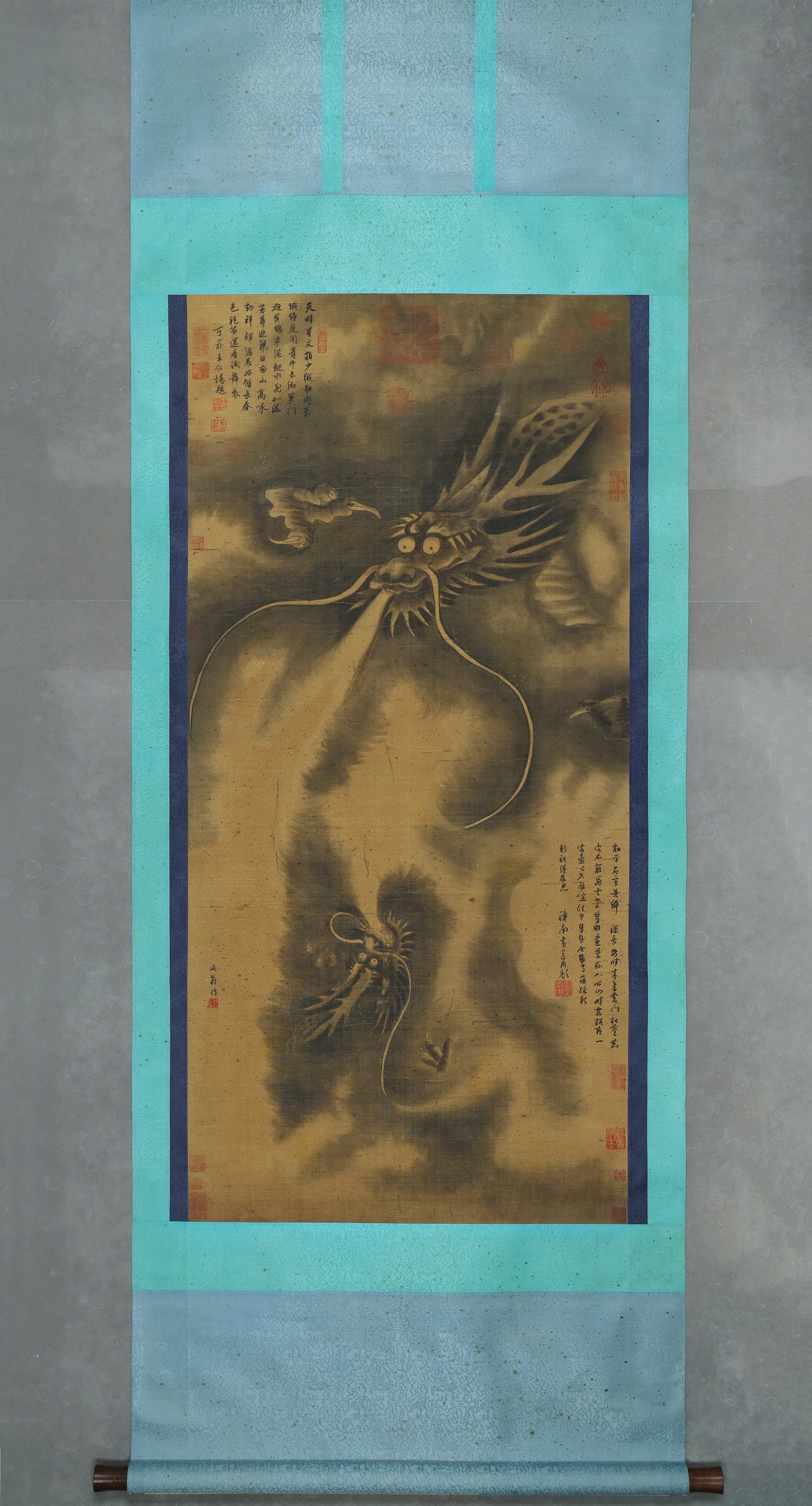 CHEN RONG, TWO DRAGONS, SOUTHERN SONG DYNASTY, INK ON SILK, HANGING SCROLL: Image size: 135 x 63 cm (53.15" x 24.80")Chen Rong, the greatest Southern Song dragon painter. This authentic hanging scroll depicts two dragons in bold ink on antique silk, with inscriptions and impe