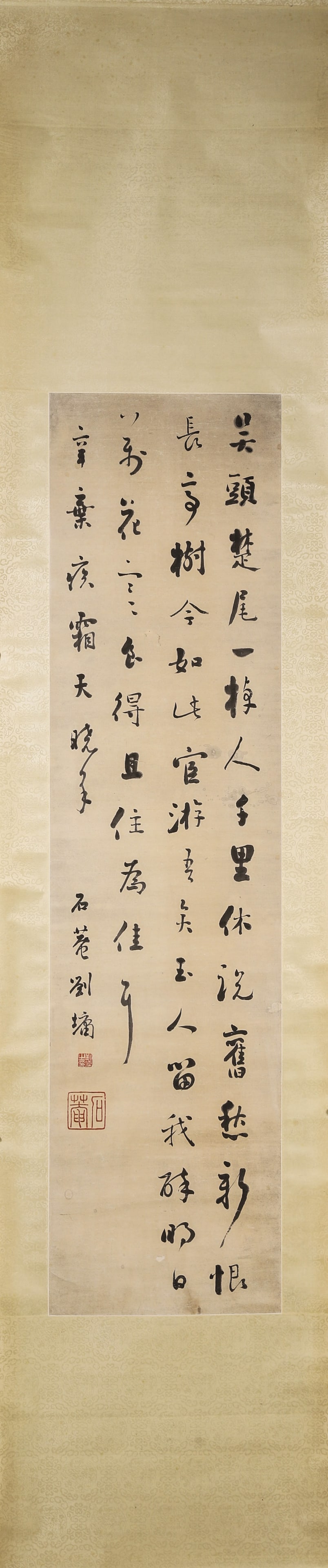 LIU YONG, CALLIGRAPHY IN RUNNING SCRIPT, XIN QIJI'S POEM, HANGING SCROLL, INK ON PAPER, QING DYNASTY: 134x34cm(52.76x13.39in)A museum-grade running script calligraphy by Qing Dynasty master Liu Yong (1719-1804), ink on paper hanging scroll. Features his iconic "iron-in-cotton" style, transcribing Xin 