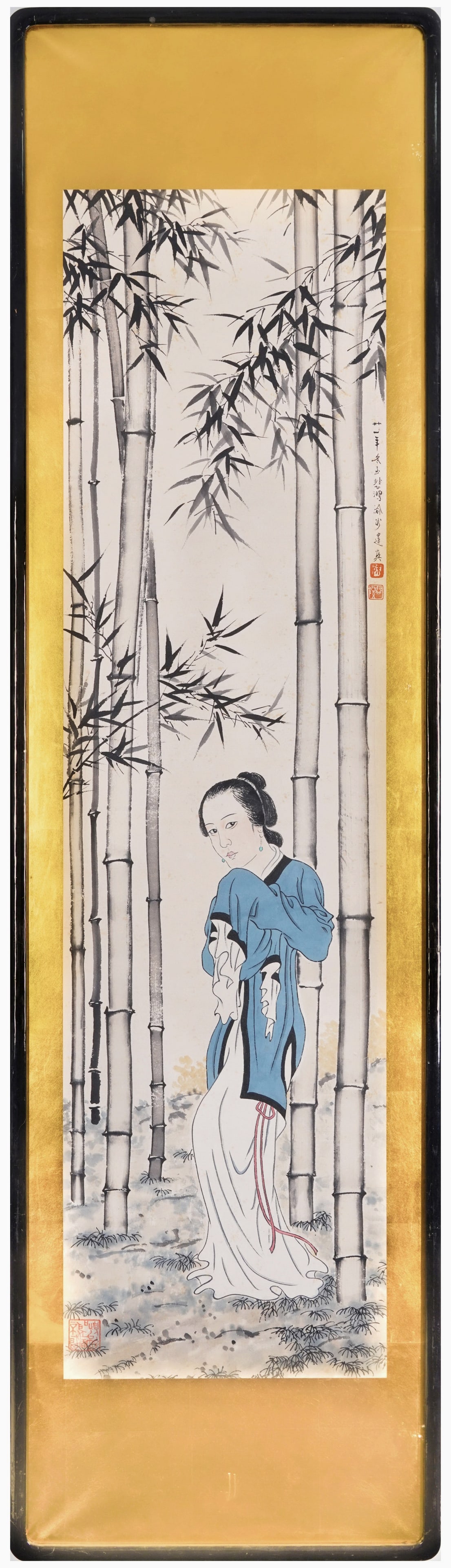 XU BEIHONG & LIU JIANYING (1932) LADY UNDER BAMBOO, FRAMED INK AND COLOR ON PAPER, DATED 1932 (1 of 8)