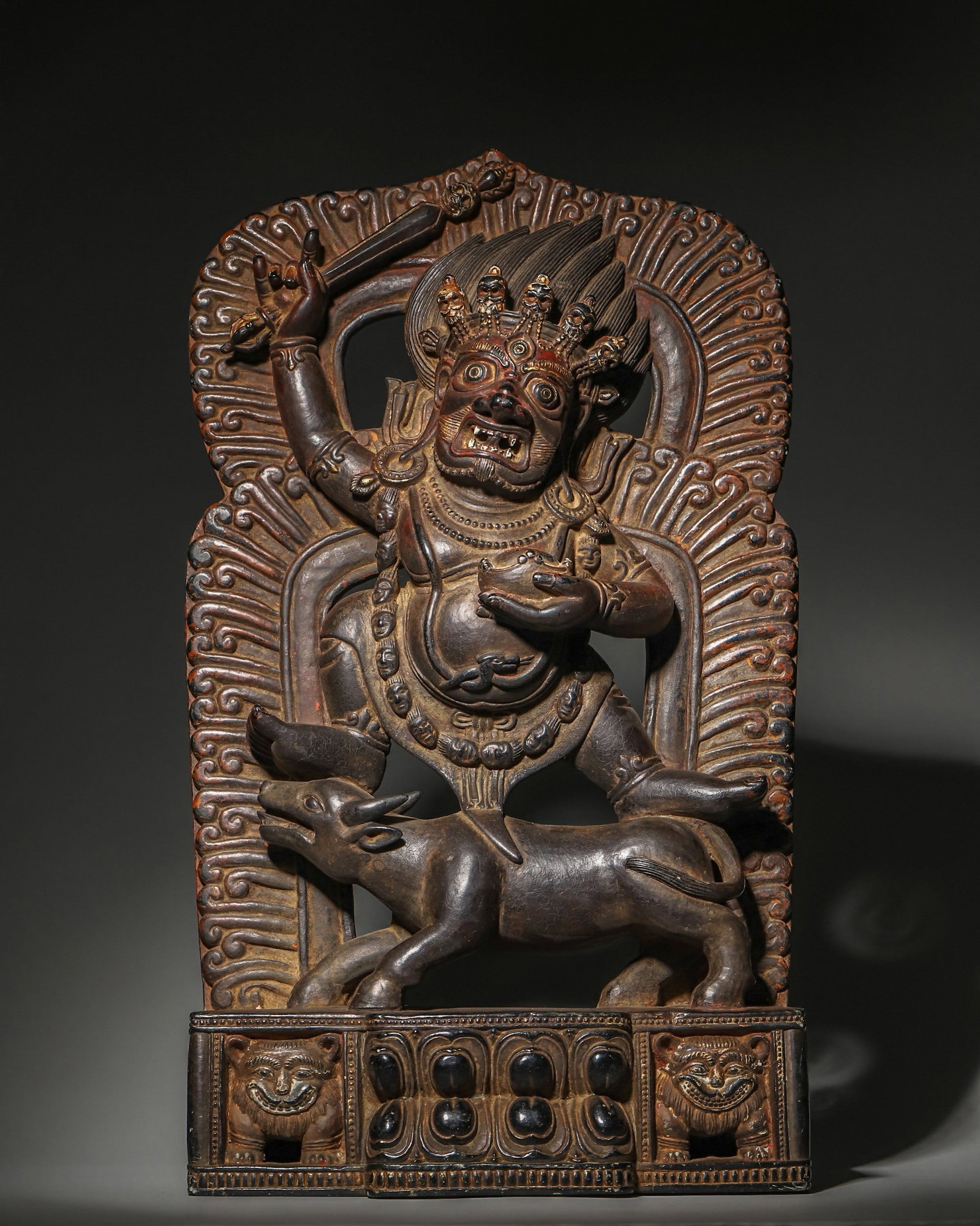 A RARE BLACK STONE POLYCHROME YAMANTAKA STATUE, 17TH-18TH CENTURY, TIBET (1 of 14)