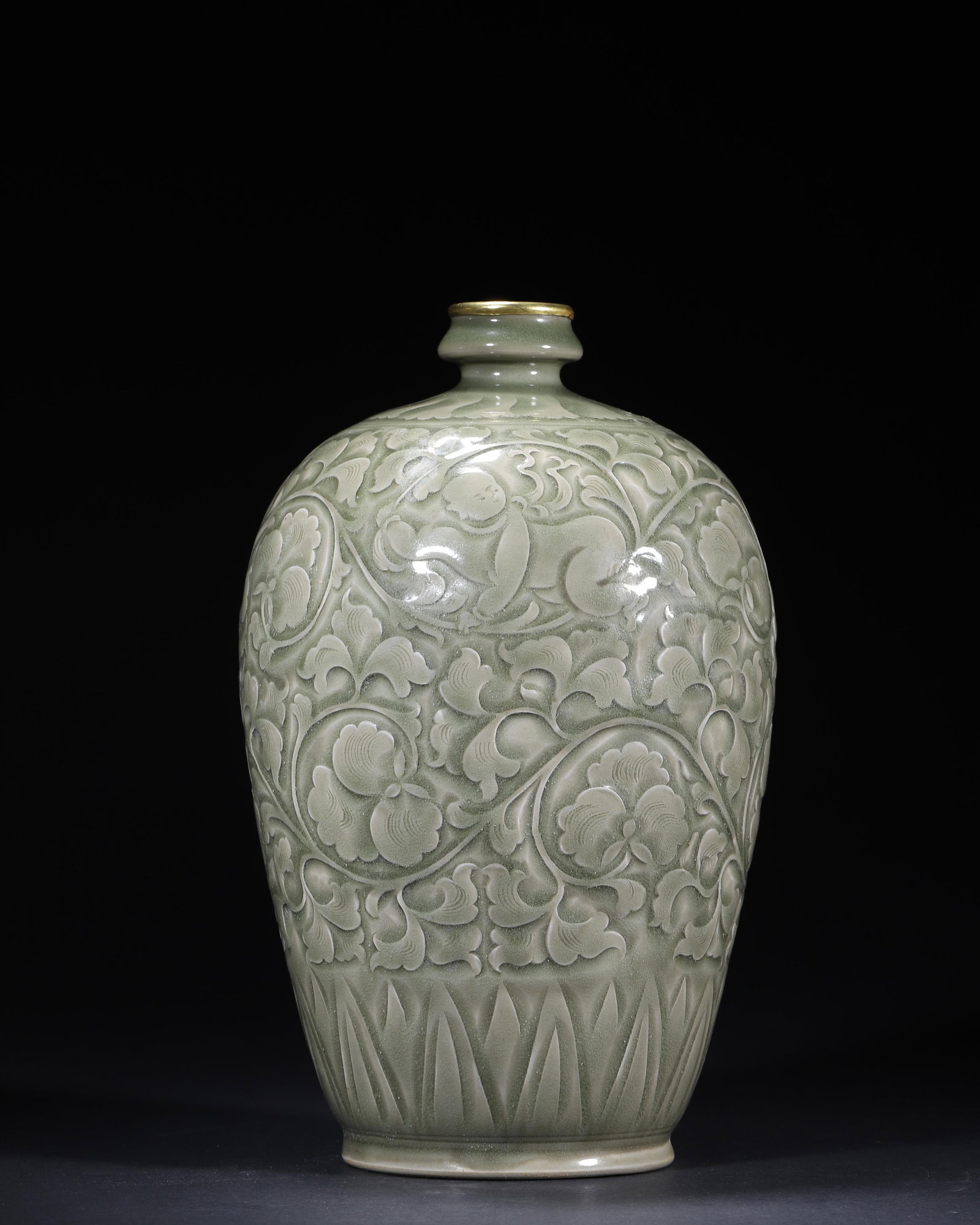 CHINESE YAOZHOU KILN CELADON MEIPING VASE WITH CARVED BOYS AND FLORAL SCROLLS (GILDED RIM), NORTHERN (1 of 7)