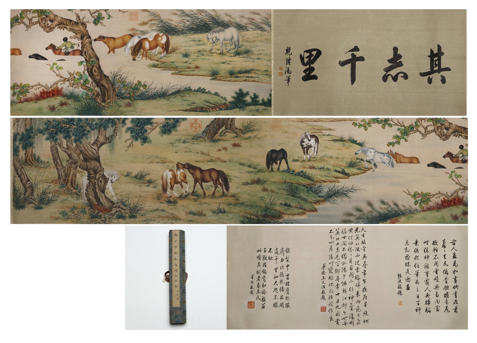 A CHINESE INK AND COLOUR ON SILK HANDSCROLL PAINTING OF HERDING HORSES, ATTRIBUTED TO GIUSEPPE: 165.35in x 15.75in (420.0cm x 40.0cm)Attributed to Giuseppe Castiglione (Lang Shining), Qing Dynasty Qianlong period. A fine ink and colour on silk handscroll of herding horses, blending Chinese and W