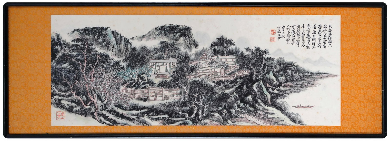 PLAYING GO IN THE SECLUDED PAVILION, LANDSCAPE BY HUANG BINHONG, 1953, FRAMED: 37.01 x 13.78 in (94 x 35 cm)A late masterpiece by Huang Binhong (1953). Rich ink depicts layered mountains, pavilions, and a serene game scene. Inscribed, sealed, and in original frame, embodying lit