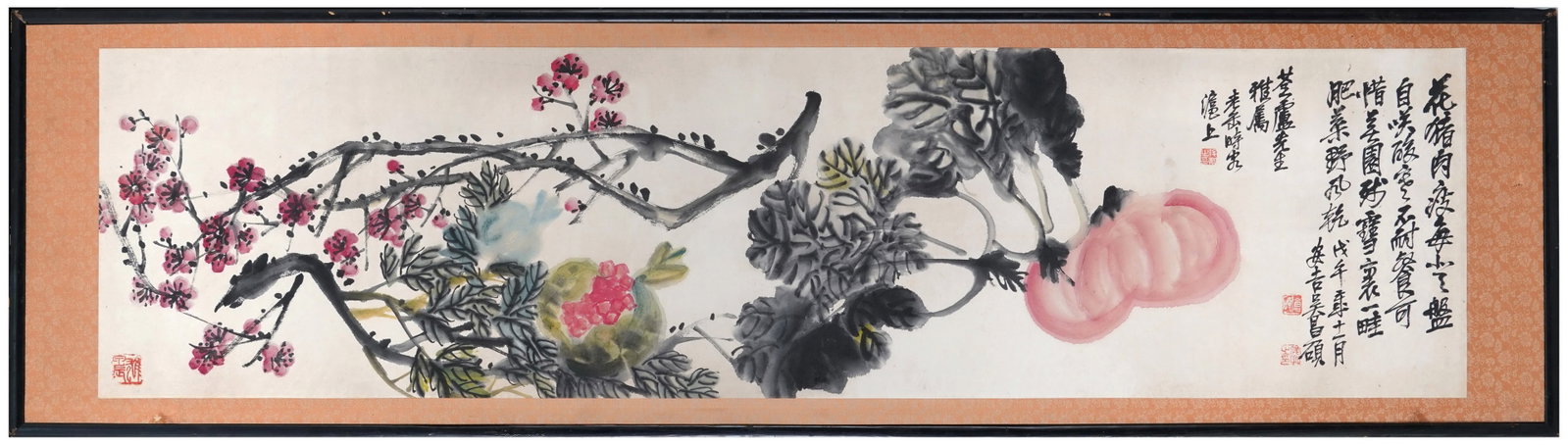 FLOWERS, FRUITS AND VEGETABLES, INK AND COLOR PAINTING BY WU CHANGSHUO, 1918, FRAMED: 53.74 x 13.58 in (136.5 x 34.5 cm)A masterpiece by Wu Changshuo (1918). Bold seal script brushwork depicts red plums, pumpkins, and pomegranates. Inscribed and sealed, original frame intact, embodying