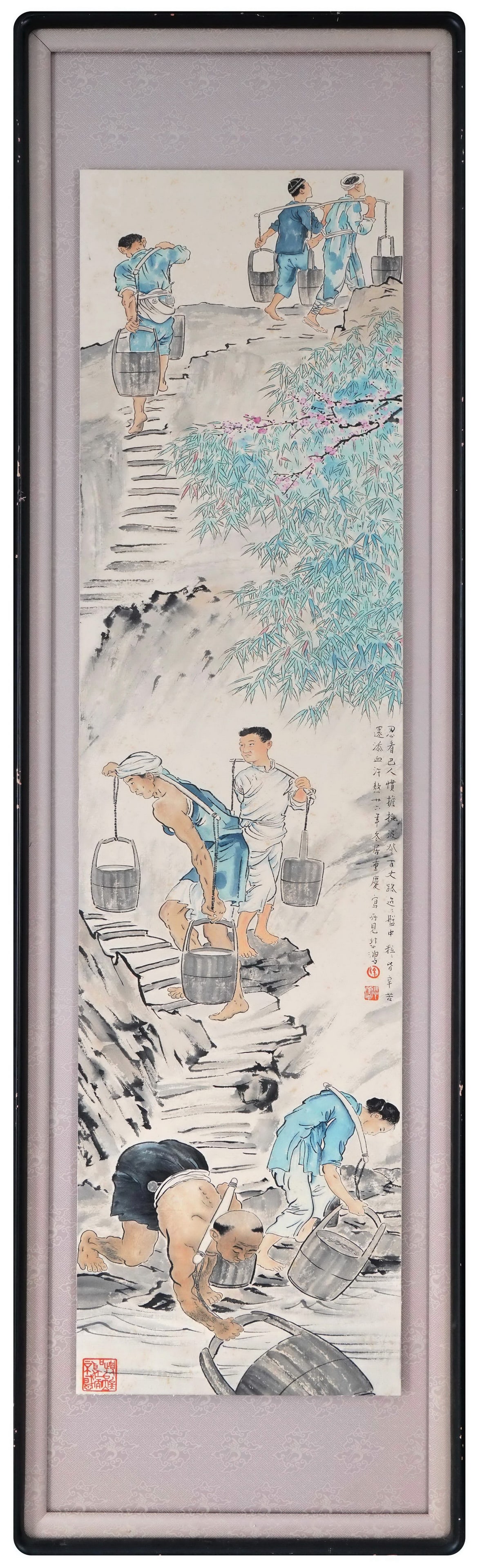 BA PEOPLE FETCHING WATER BY XU BEIHONG, 1937, FRAMED: 53.15 x 13.39 in (135 x 34 cm)A masterpiece of realism by Xu Beihong, framed. Vividly depicts Sichuan villagers carrying water, showcasing his mastery of line and social concern. Inscribed and sealed,