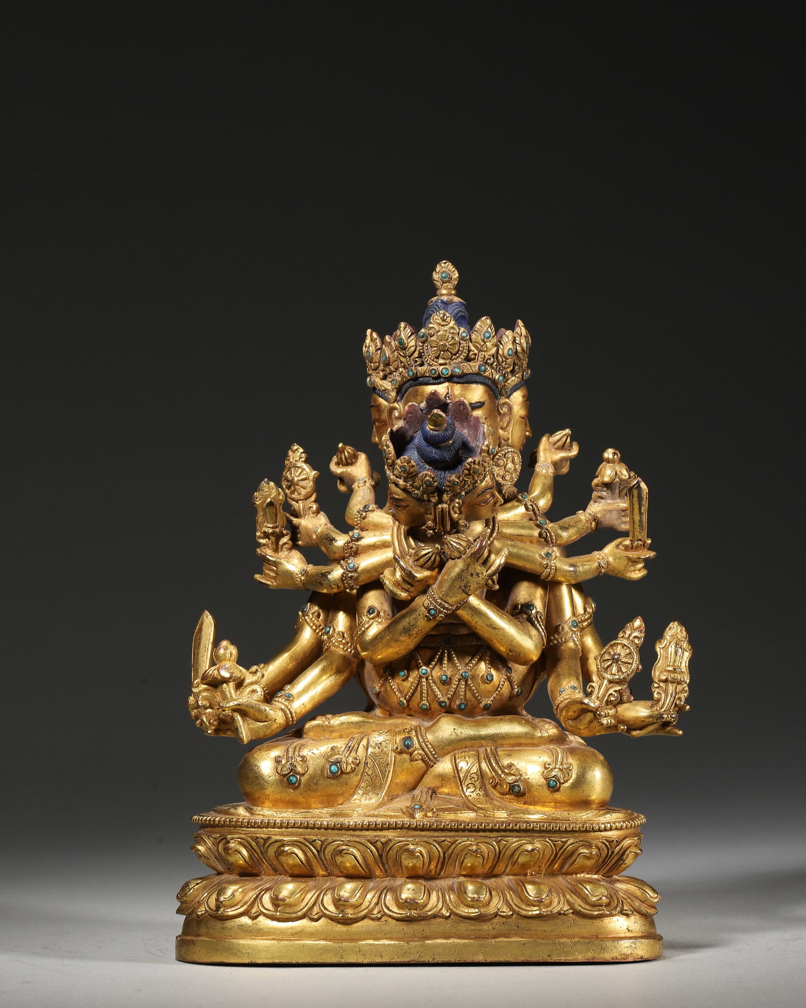 18TH–19TH CENTURY GILT-COPPER INLAID TURQUOISE STATUE OF GUHYASAMAJA IN YAB-YUM (1 of 7)