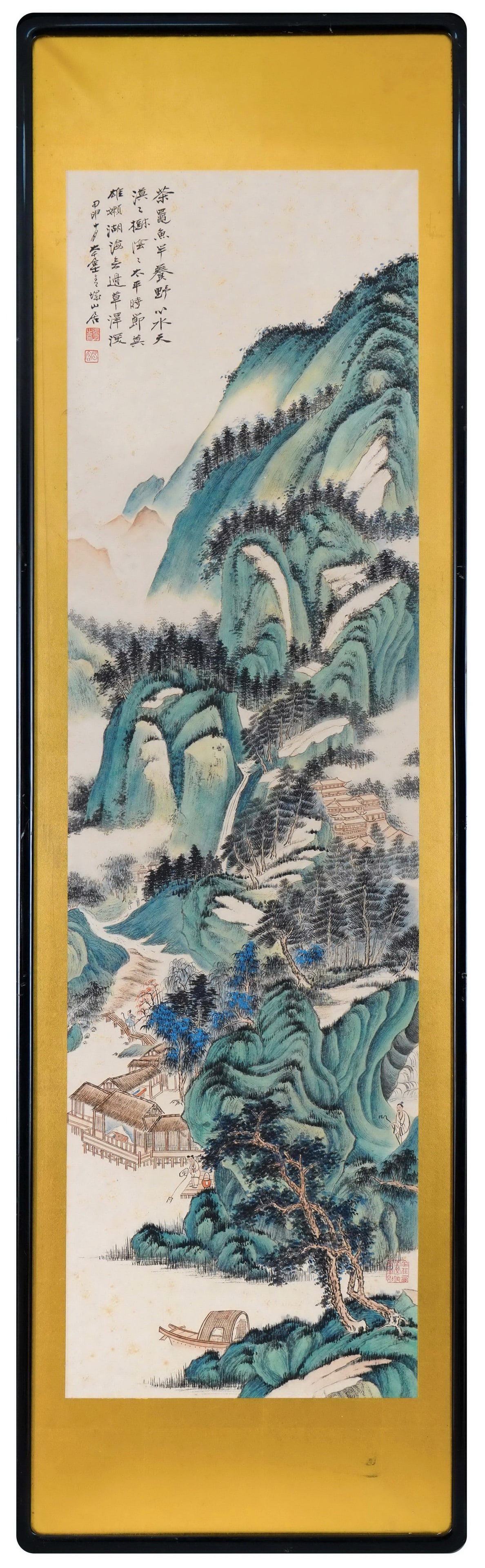 GREEN LANDSCAPE OF PINE AND STREAM BY ZHANG DAQIAN, 1944 (MODERN PERIOD): 53.35 x 14.57 in (135.5 x 37 cm)A fine blue-green landscape by Zhang Daqian (1944). Painted in his middle age, featuring elegant mineral pigments, serene scenery, and poetic inscriptions. A masterpiec