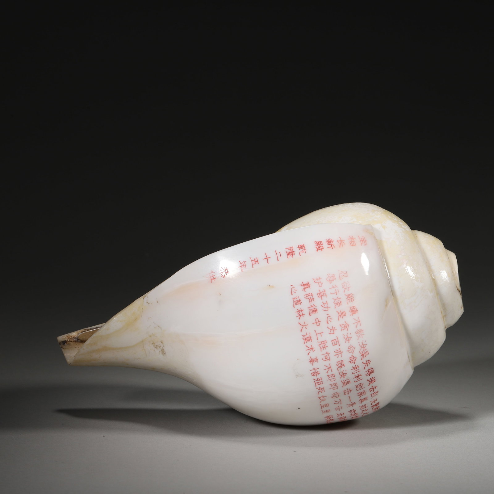 AN IMPERIAL RIGHT-HANDED WHITE CONCH SHELL WITH CINNABAR INSCRIPTION, DATED 1760, QING DYNASTY: L: 17cm (6.69in) W: 10cm (3.94in) H: 10cm (3.94in) Weight: 785g (1.73lb)This imperial right-handed white conch, dated 1760, features cinnabar Buddhist inscriptions. A rare Qing court ritual artifact, 