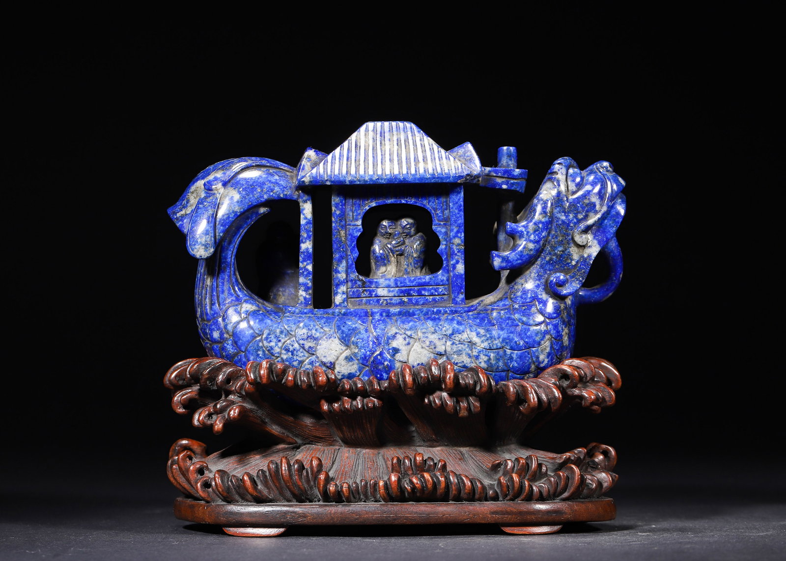 QING DYNASTY, A LAPIS LAZULI CARVED 'DRAGON BOAT' FIGURAL GROUP, FITTED WITH HARDWOOD STAND (1 of 7)