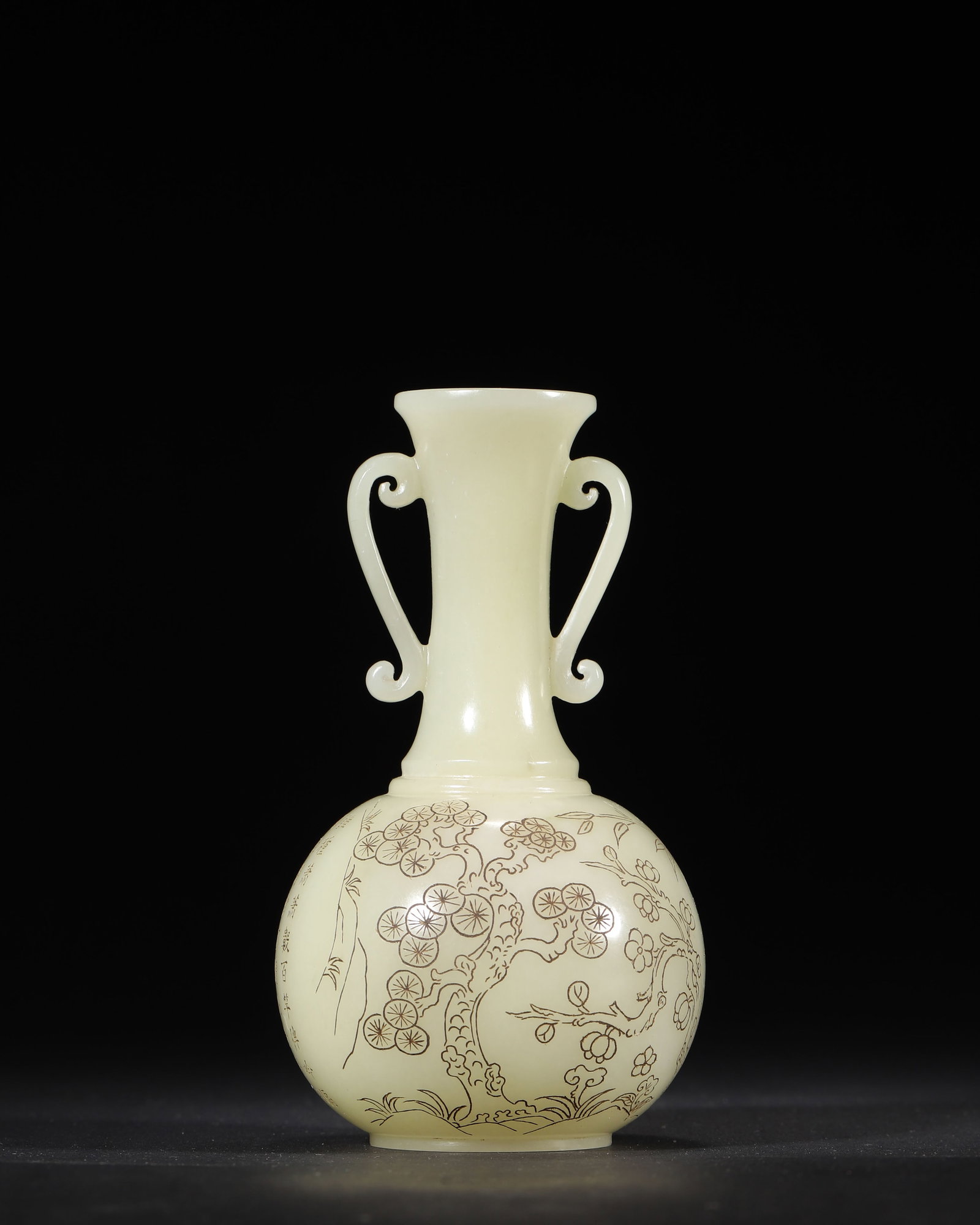 QING DYNASTY, QIANLONG PERIOD CELADON JADE VASE WITH INLAID GOLD CARVINGS OF 'THREE FRIENDS OF: 3.15in x 5.31in (8.0cm x 13.5cm), 0.582lb (264.0g)A Qianlong-period celadon jade vase, inlaid with gold carvings of the 'Three Friends of Winter' and imperial poems, marked with 'Qianlong Yuzhi'. It e