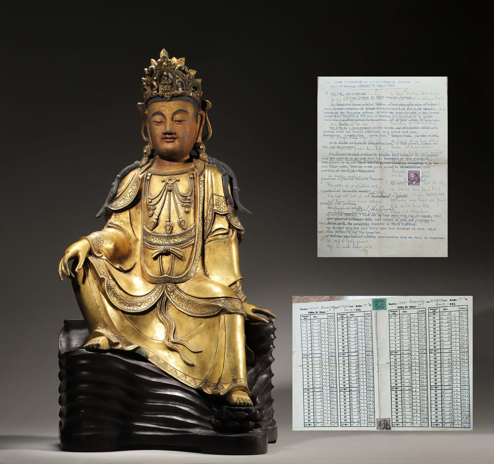 MING DYNASTY GILT-BRONZE SEATED GUANYIN IN RELAXED POSE: This exquisite Ming Dynasty gilt-bronze Guanyin statue features a relaxed, elegant seated pose. With rich, warm gilding, intricate carvings, and a original zitan base, it embodies the pinnacle of Ming