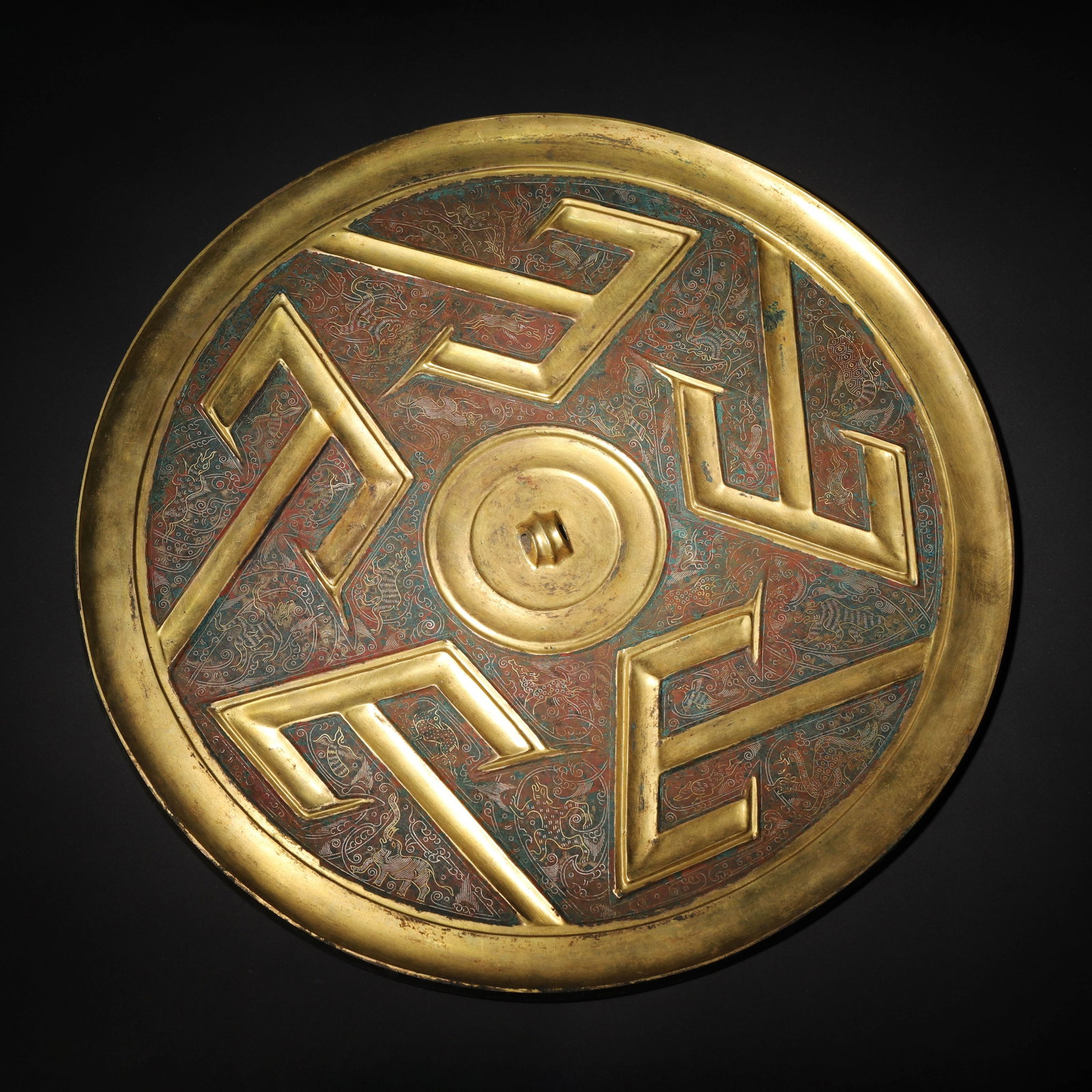 WARRING STATES PERIOD GILT BRONZE MIRROR WITH FIVE "MOUNTAIN" PATTERNS AND INLAID COLOR DECORATION (1 of 10)