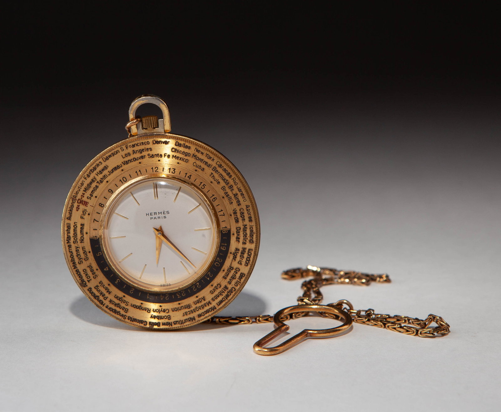 HERMES World Time Pocket Watch with Chain, Swiss, c. 1960's.: This rare Hermès pocket watch captures the early jet setting spirit of global travel with timeless elegant design. Features a world time bezel with major global cities with a rotating outer disk. Mec