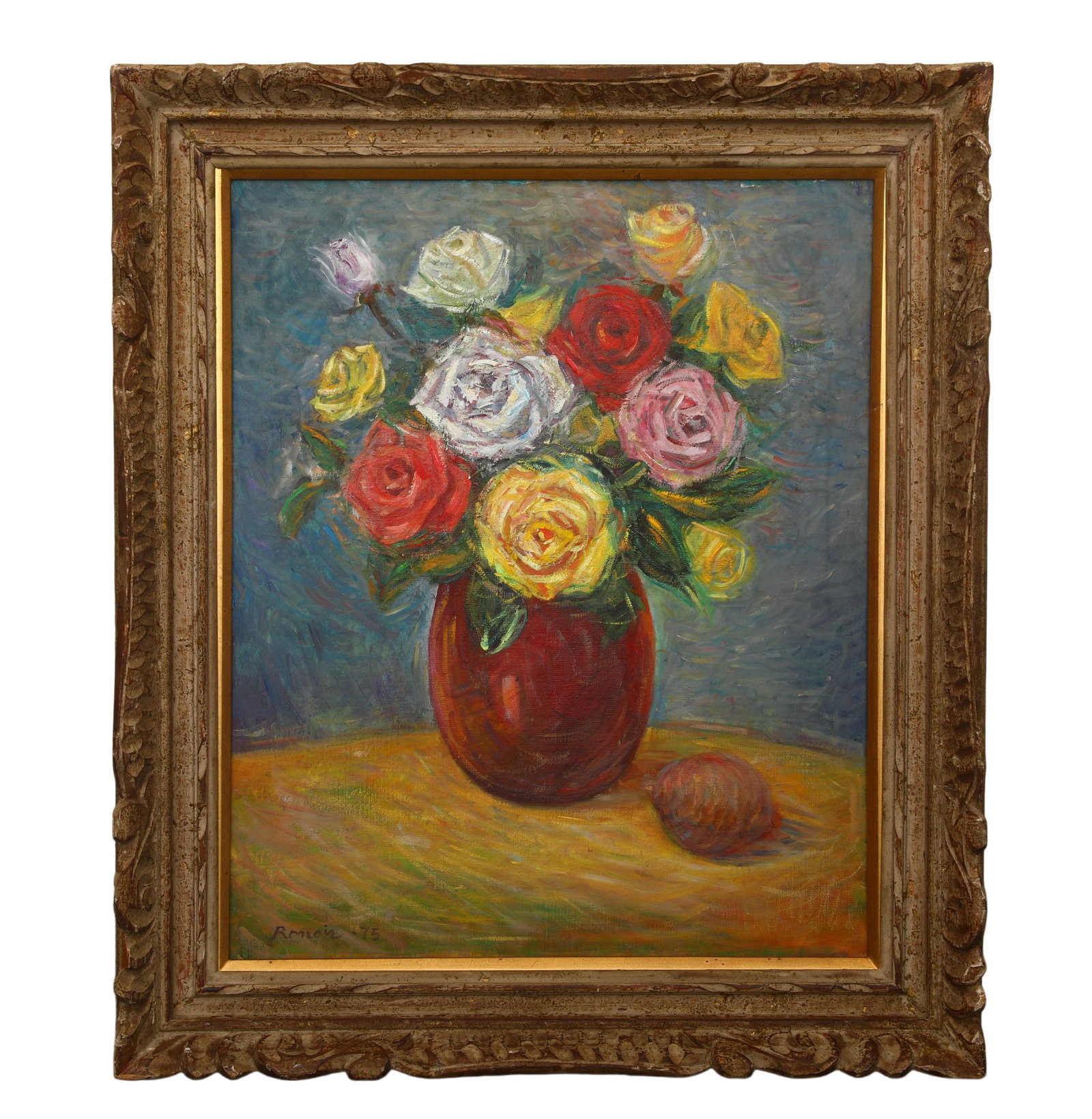 “Roses" Pierre-Auguste Renoir (French, 1841-1919), in the style of, Oil on Canvas: Condition Report: The canvas and frame of the artwork retain natural signs of age, with a flat and stable surface free from tears, holes, severe cracking, or repair marks. The overall condition is con