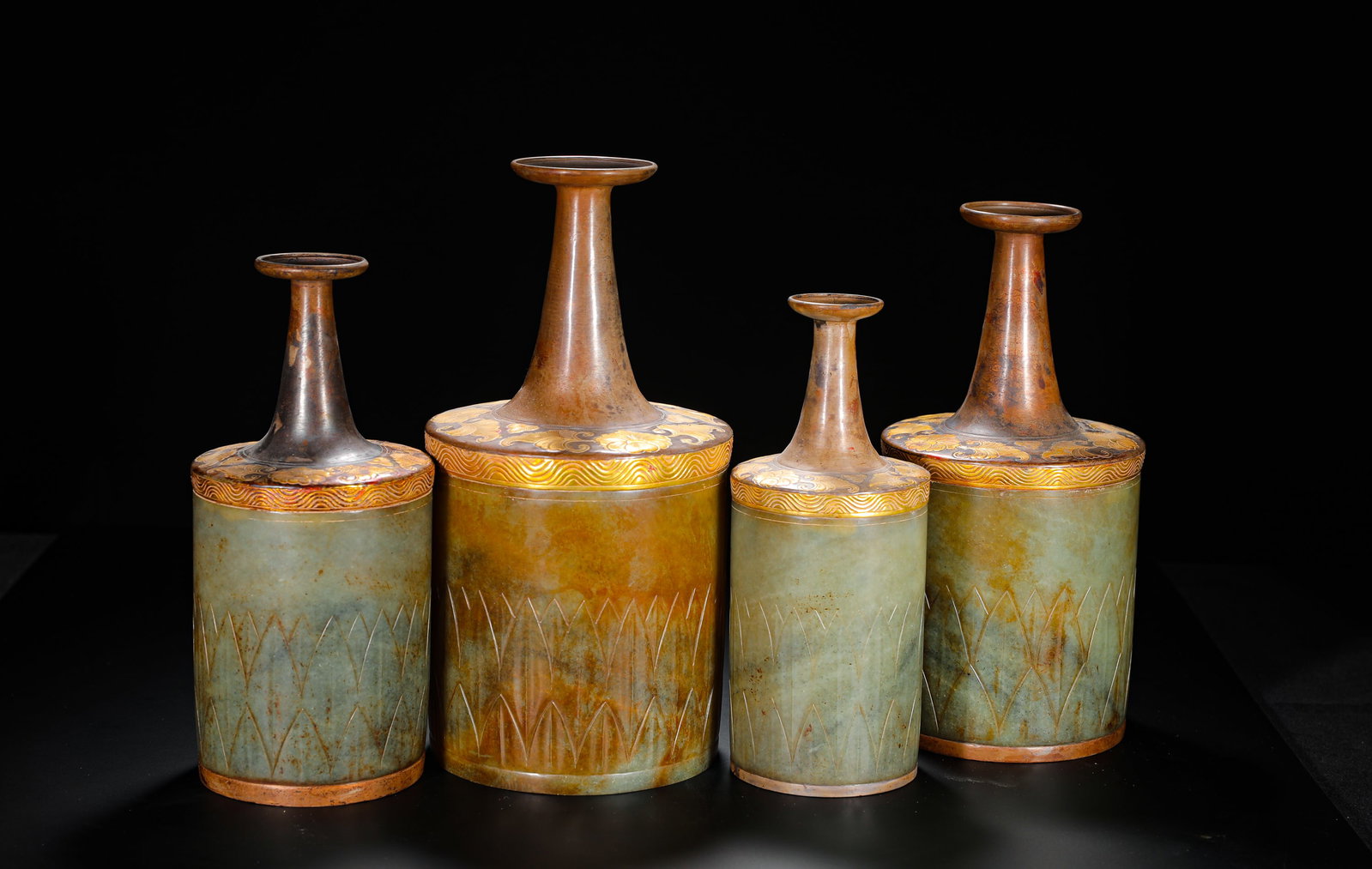 Four Piece Set of Jade Long Neck Vases with Bronze Gild, Han Dynasty (1 of 13)