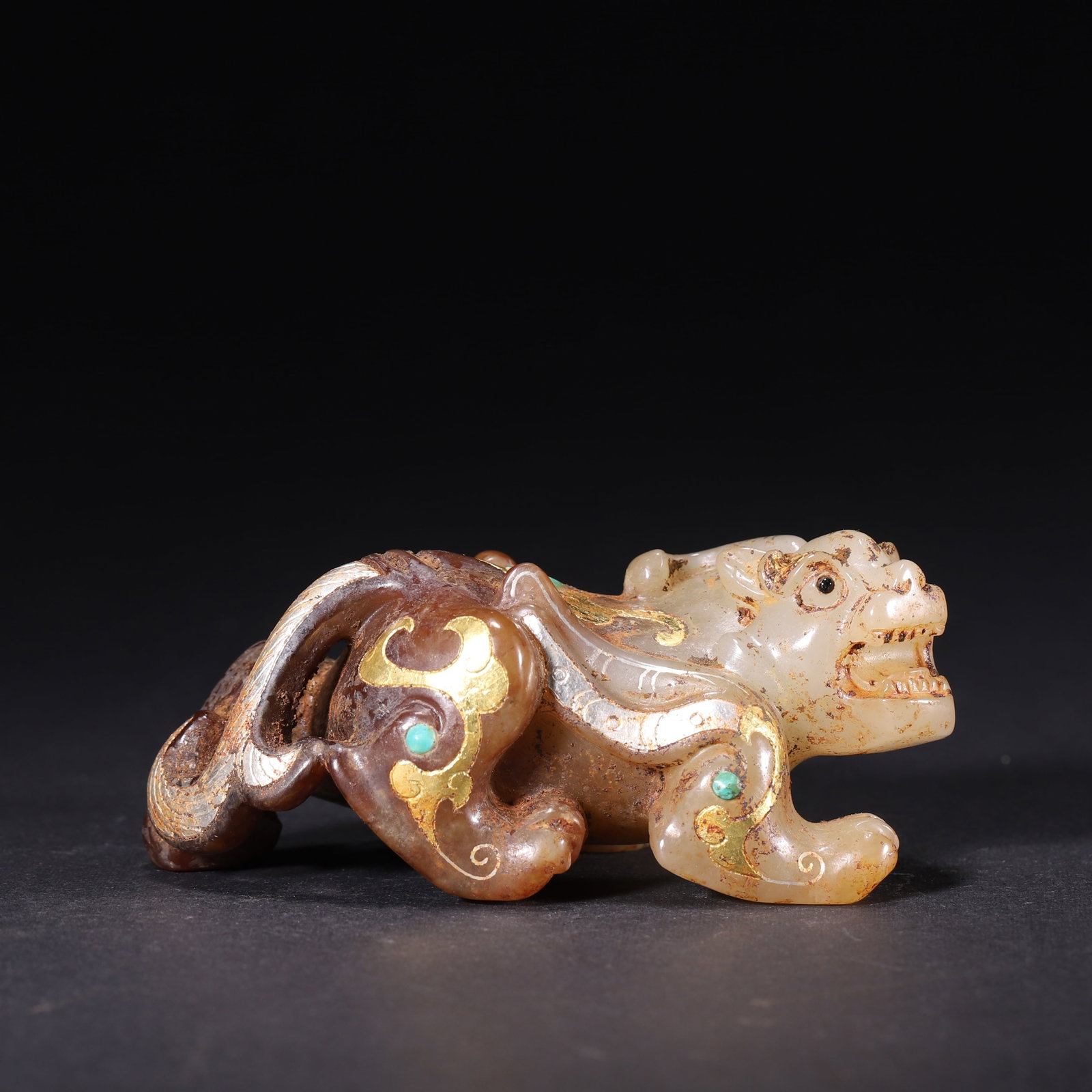 Han Dynasty Hetian White Jade Bixie with Gold, Silver, and Turquoise Inlay (1 of 8)
