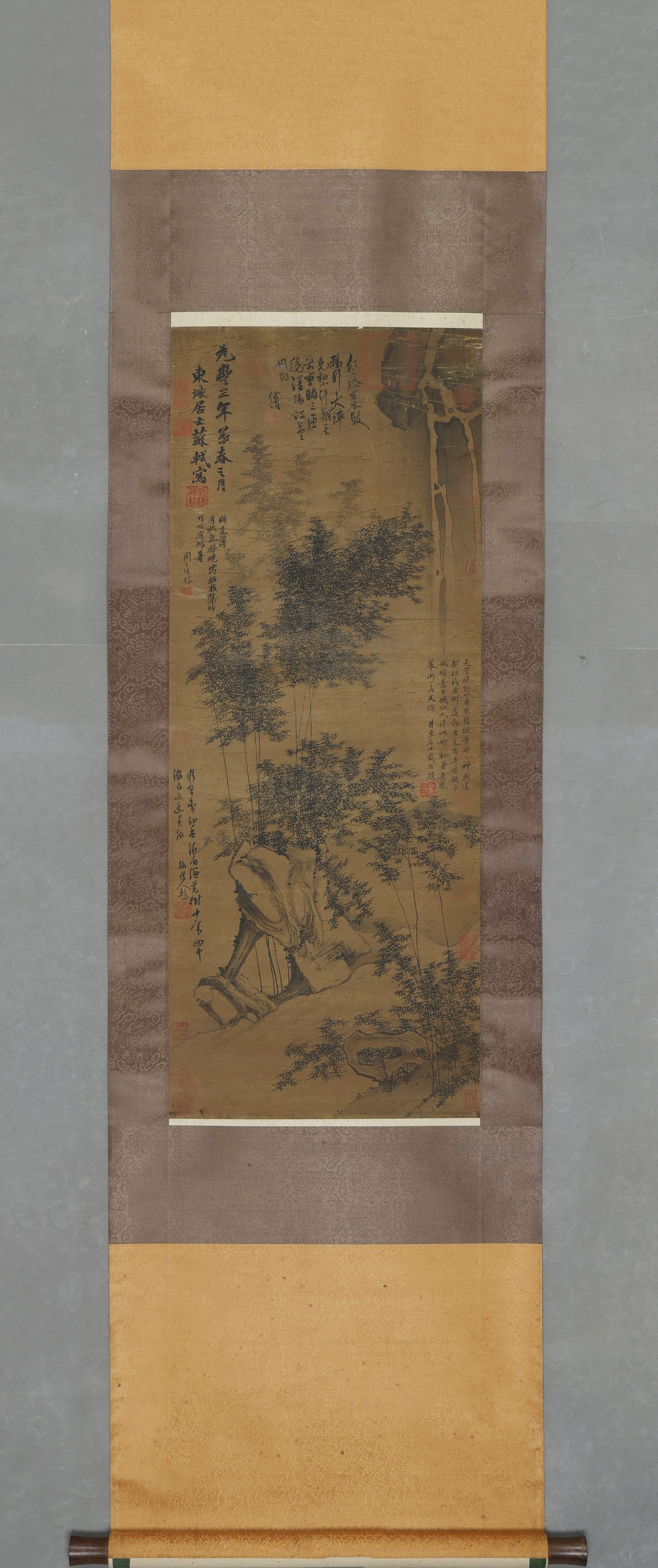 Hanging Scroll, Bamboo, Rock and Waterfall, Ink on Silk, Su Shi, Northern Song Dynasty: A Northern Song dynasty ink-on-silk hanging scroll by Su Shi (1037–1101), one of the greatest figures of Chinese literati painting. The work depicts bamboo, rock, and waterfall in his celebrated exp