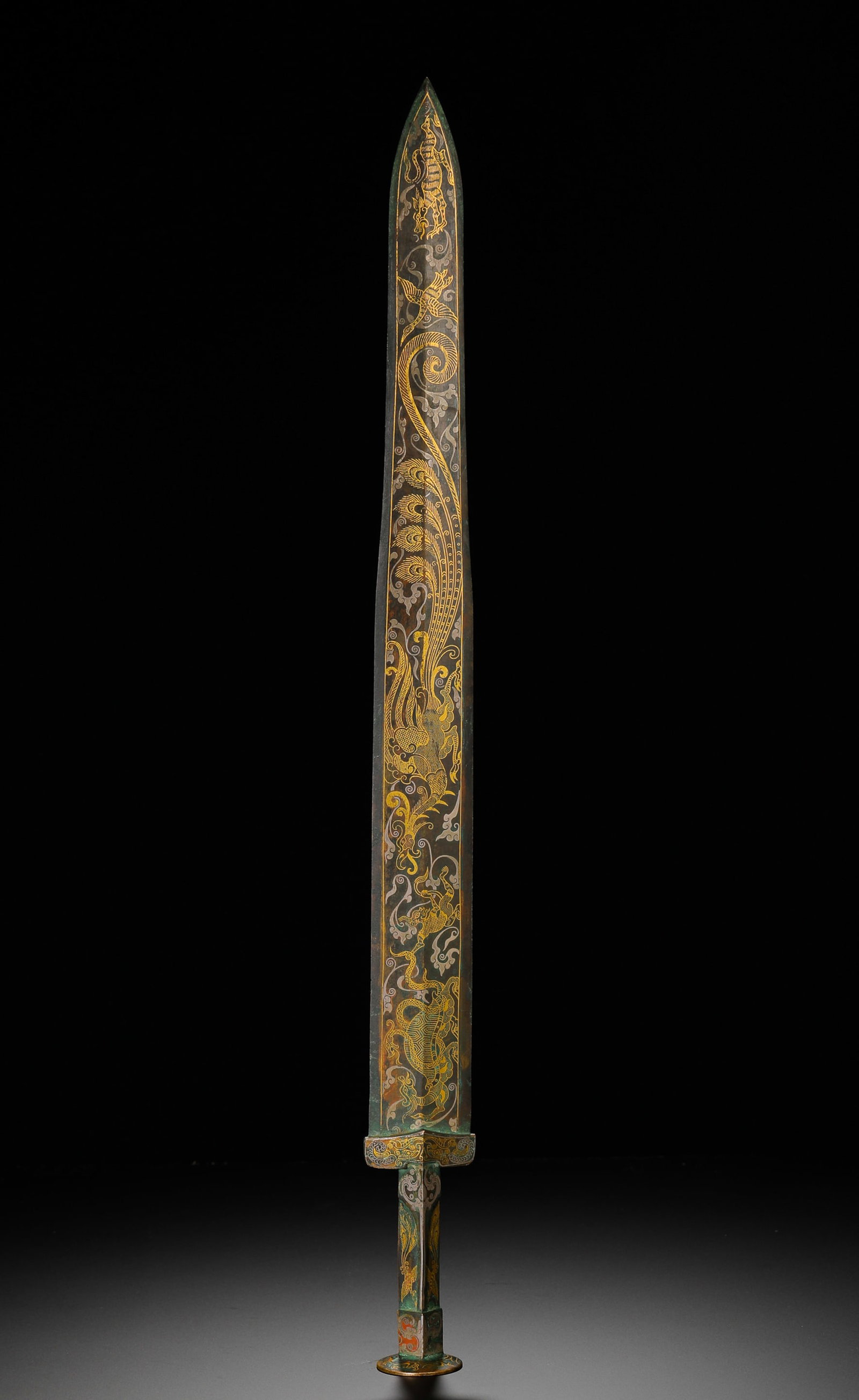 WARRING STATES PERIOD, GOLD AND SILVER INLAID BRONZE SWORD WITH FOUR DIVINE BEASTS