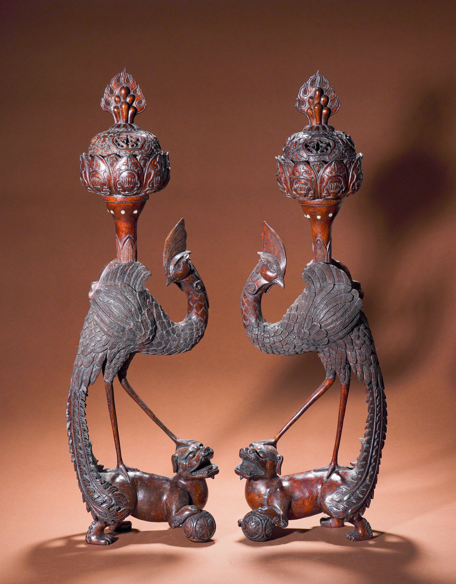 A PAIR OF QING DYNASTY AGARWOOD PHOENIX INCENSE BURNERS