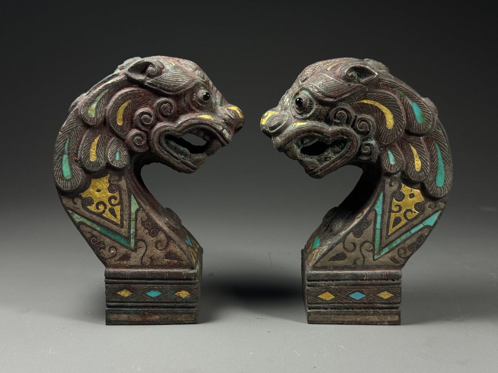 WARRING STATES PERIOD, BRONZE TIGER-SHAPED STRUCTURES WITH INLAID WITH GOLD, SILVER, AND TURQUOISE