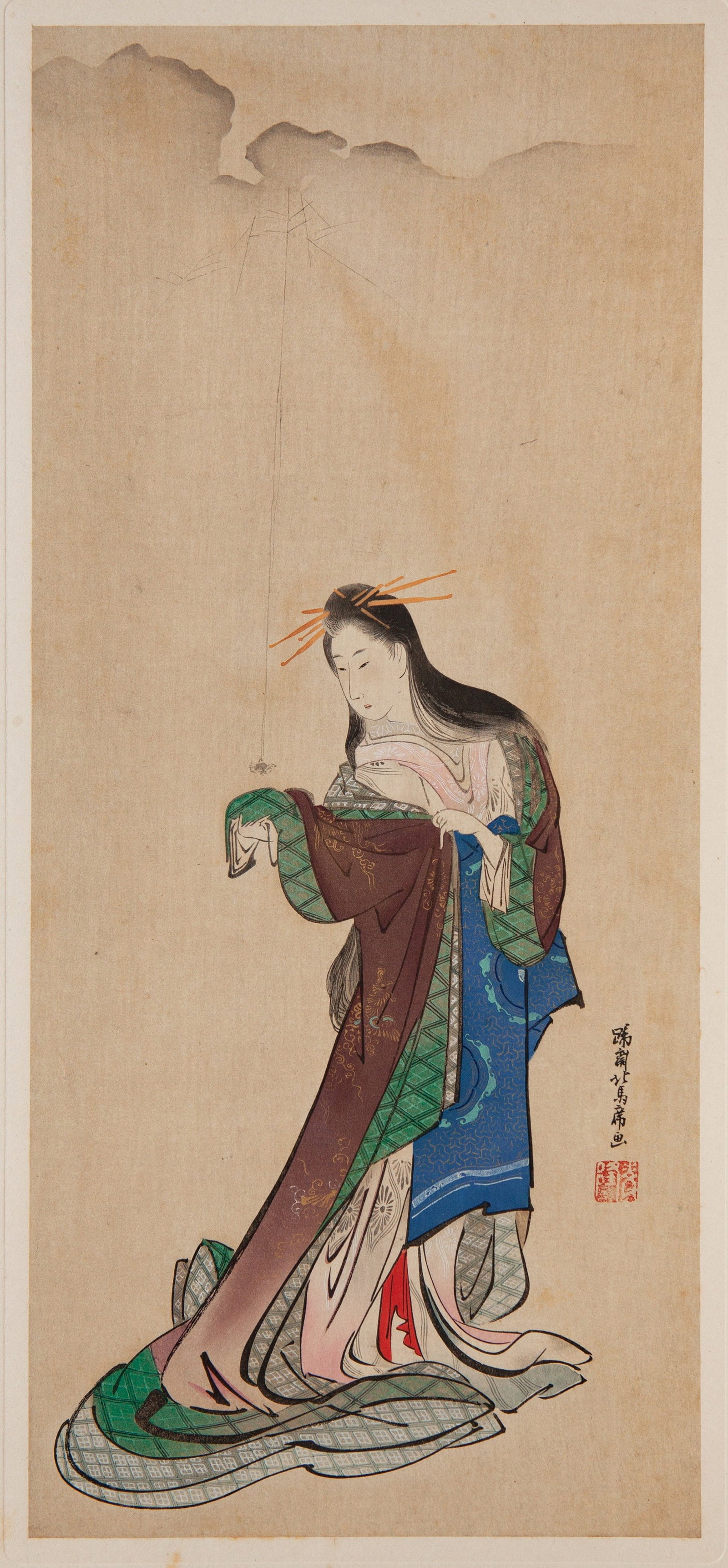 A HAND-FOLDED WOODCUT OF THE SPIDER BY THE BEAUTY OF HOKUSAI