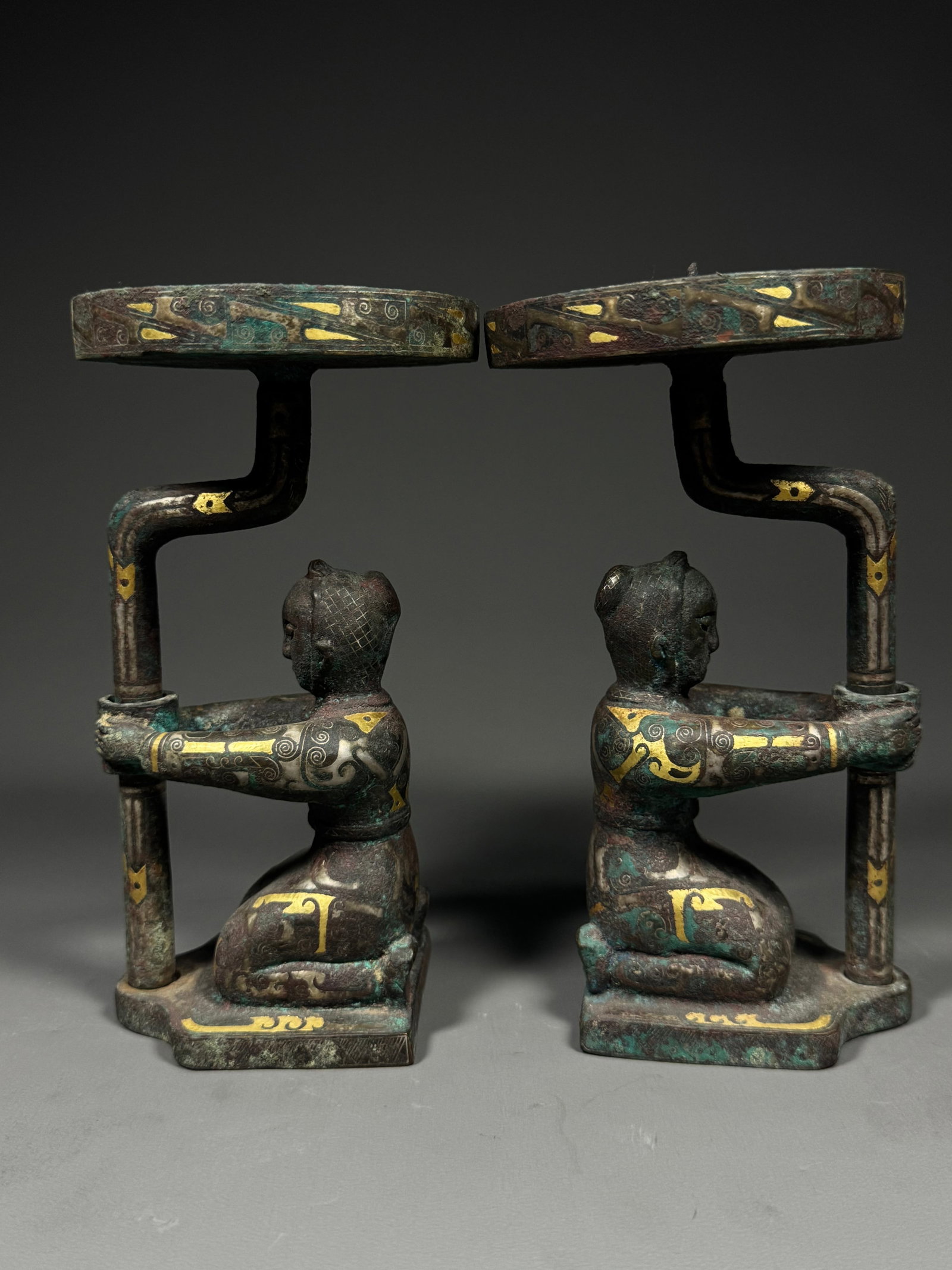 WARRING STATES PERIOD, GOLD AND SILVER INLAID BRONZE KNEELING-FIGURE LAMPS, PAIR (1 of 8)