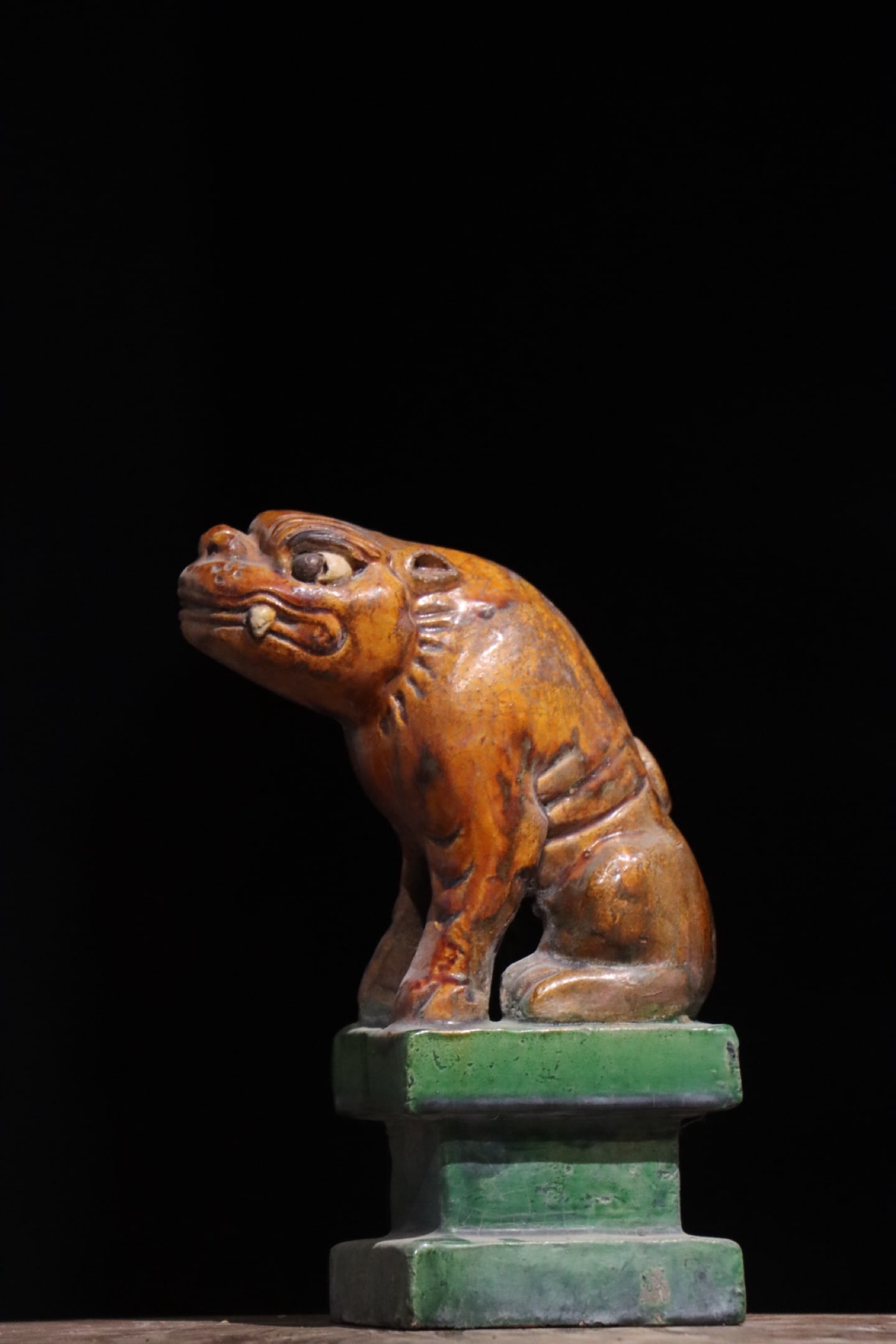 QING DYNASTY, YELLOW AND GREEN GLAZED CROUCHING BEAST BUILDING BEAST COMPONENTS (1 of 8)